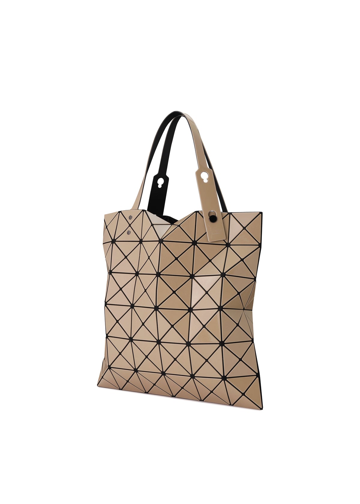 Zoomed view A LUCENT GLOSS tote bag by BAO BAO ISSEY MIYAKE, featuring beige triangular panels in a geometric grid with black outlines and dual handles.