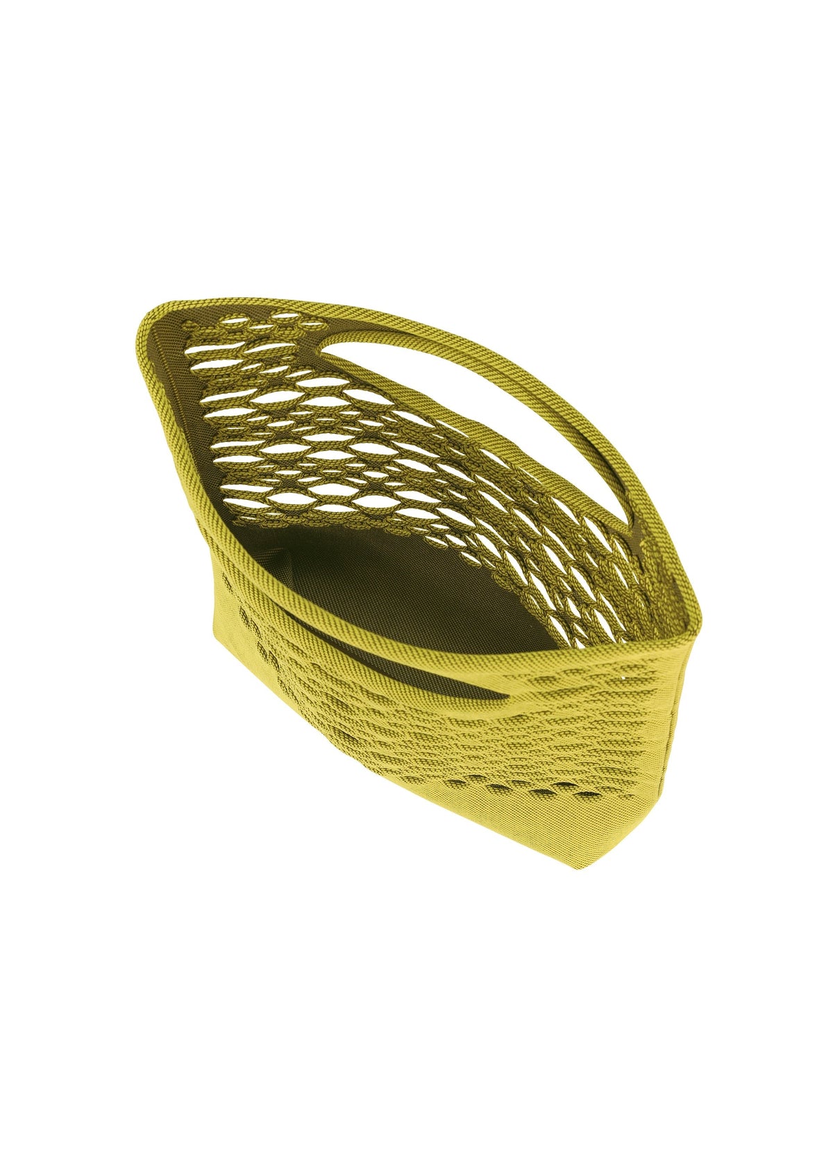 The MOKKO BASKET by GOOD GOODS ISSEY MIYAKE, a yellow open-weave mesh tote with a solid base and integrated handles, is displayed from above at an angle against a white background. view 2 of 8