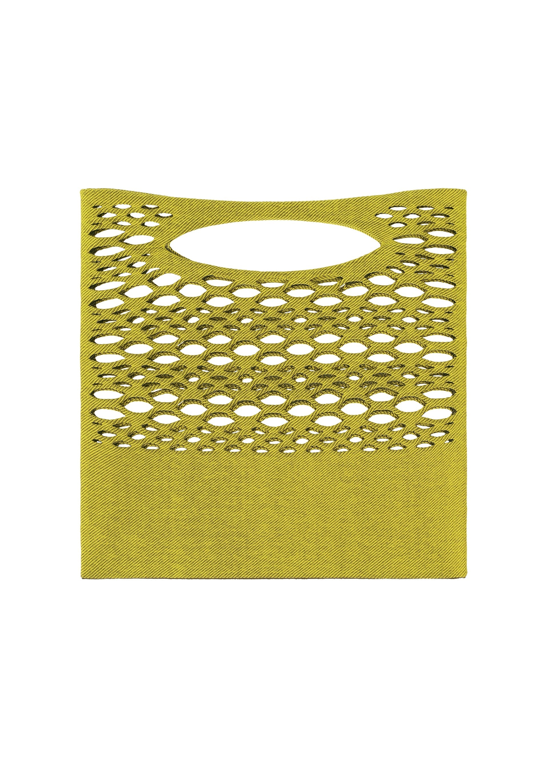 Zoomed view The MOKKO BASKET by GOOD GOODS ISSEY MIYAKE is an olive green, square felt tote with a built-in oval handle and horizontal cut-out holes near the top. Shown against a plain white background.