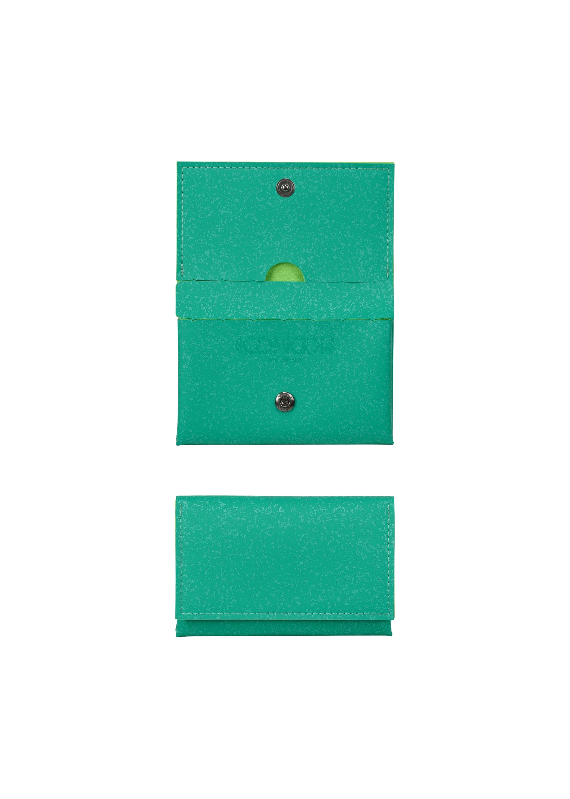 Zoomed view The PACKAGE bifold card case wallet by GOOD GOODS ISSEY MIYAKE is shown open, revealing a small yellow item inside, and closed, both with snap closures and perforated lines—an ideal gift displayed on a white background. - GREEN （no.62）