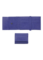 The GOOD GOODS ISSEY MIYAKE PACKAGE mini wallet in purple is shown open with card slots and a snap button, and closed, neatly folded—offering a stylish gift option. - BLUE （no.72）