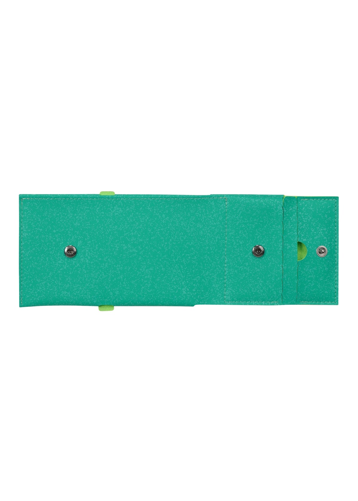 The PACKAGE by GOOD GOODS ISSEY MIYAKE is a green tri-fold mini wallet with two snap buttons and a circular cutout—stylish and perfect as a gift. view 6 of 11