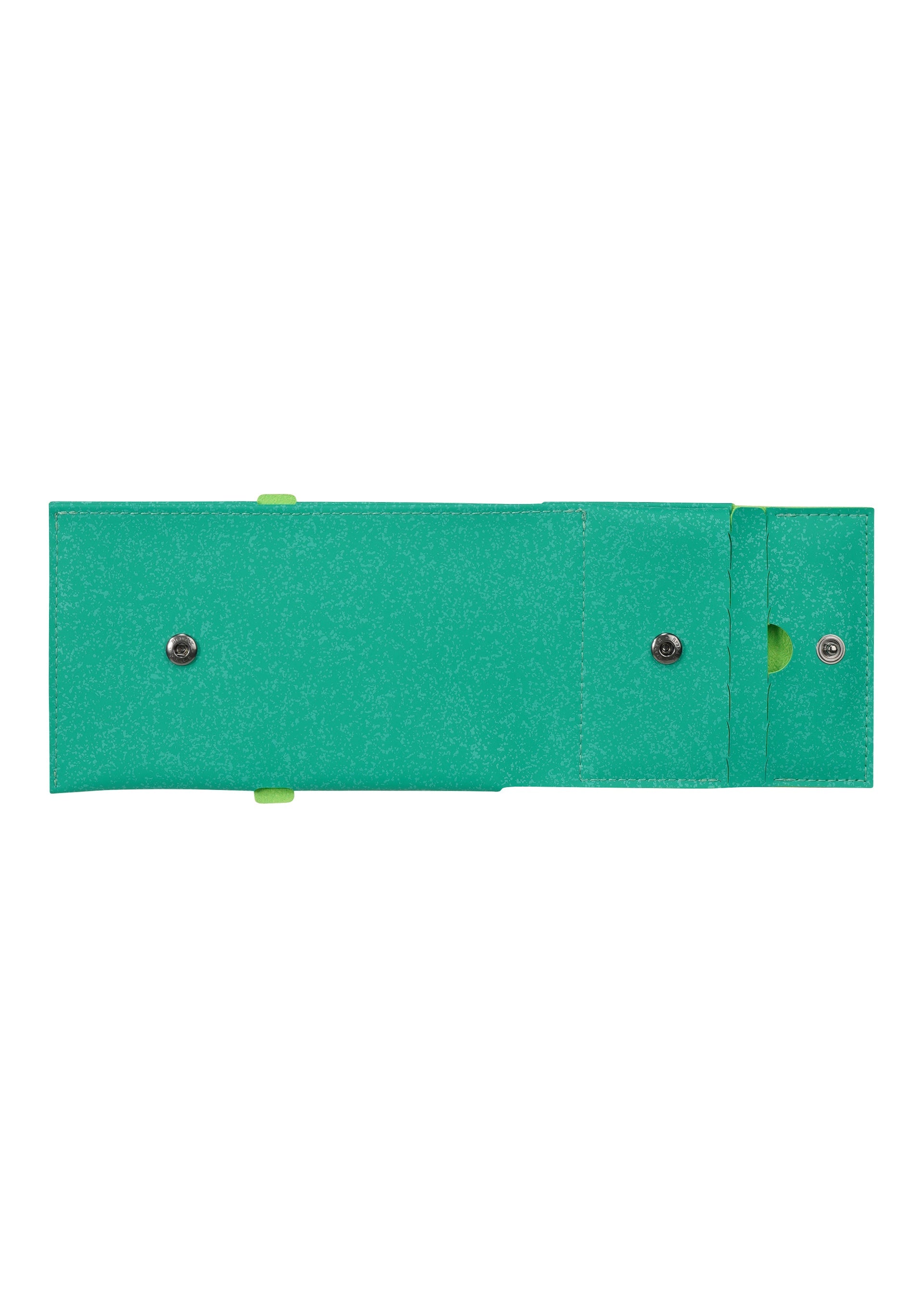 Zoomed view The PACKAGE by GOOD GOODS ISSEY MIYAKE is a green tri-fold mini wallet with two snap buttons and a circular cutout—stylish and perfect as a gift.