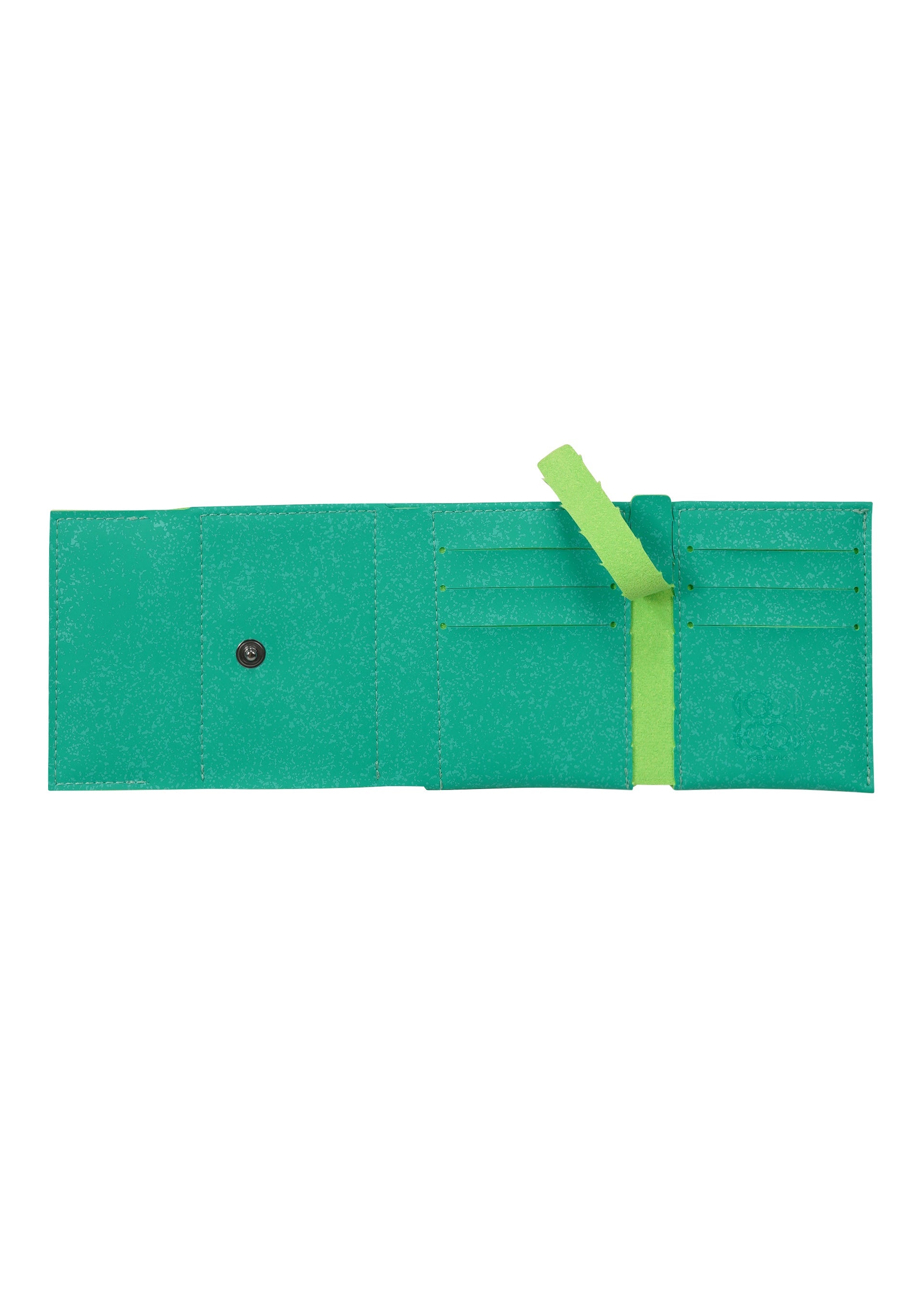 Zoomed view The PACKAGE by GOOD GOODS ISSEY MIYAKE is a green tri-fold mini wallet in textured material, featuring multiple card slots, a snap button coin pocket, and a light green center strap—perfect as a stylish gift.
