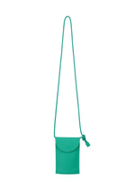 The PACKAGE by GOOD GOODS ISSEY MIYAKE is a small, rectangular teal pochette with a long strap, rounded flap closure, and matching tassel detail, shown against a white background. - GREEN （no.62）