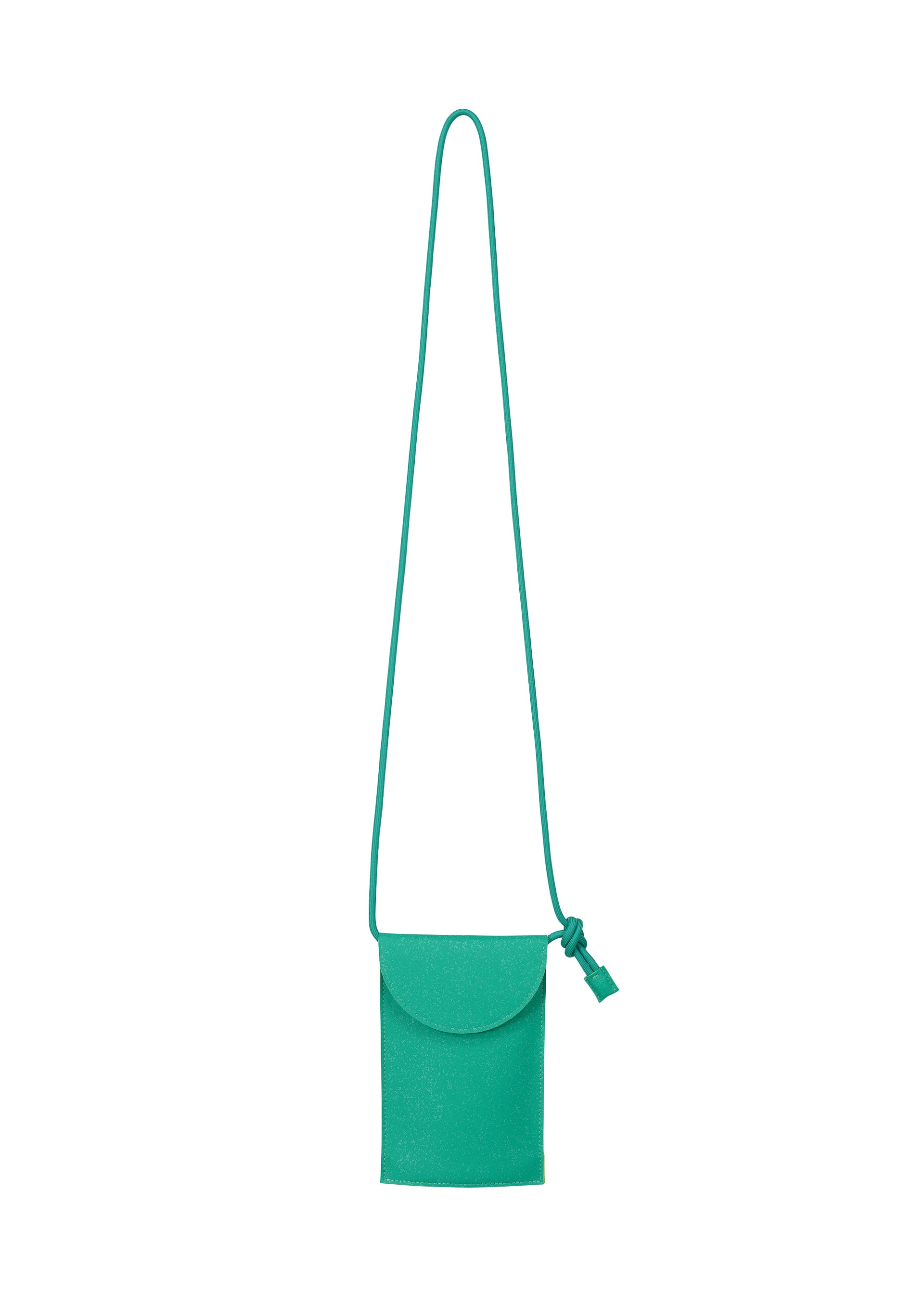 Zoomed view The PACKAGE by GOOD GOODS ISSEY MIYAKE is a small, rectangular teal pochette with a long strap, rounded flap closure, and matching tassel detail, shown against a white background. - GREEN （no.62）