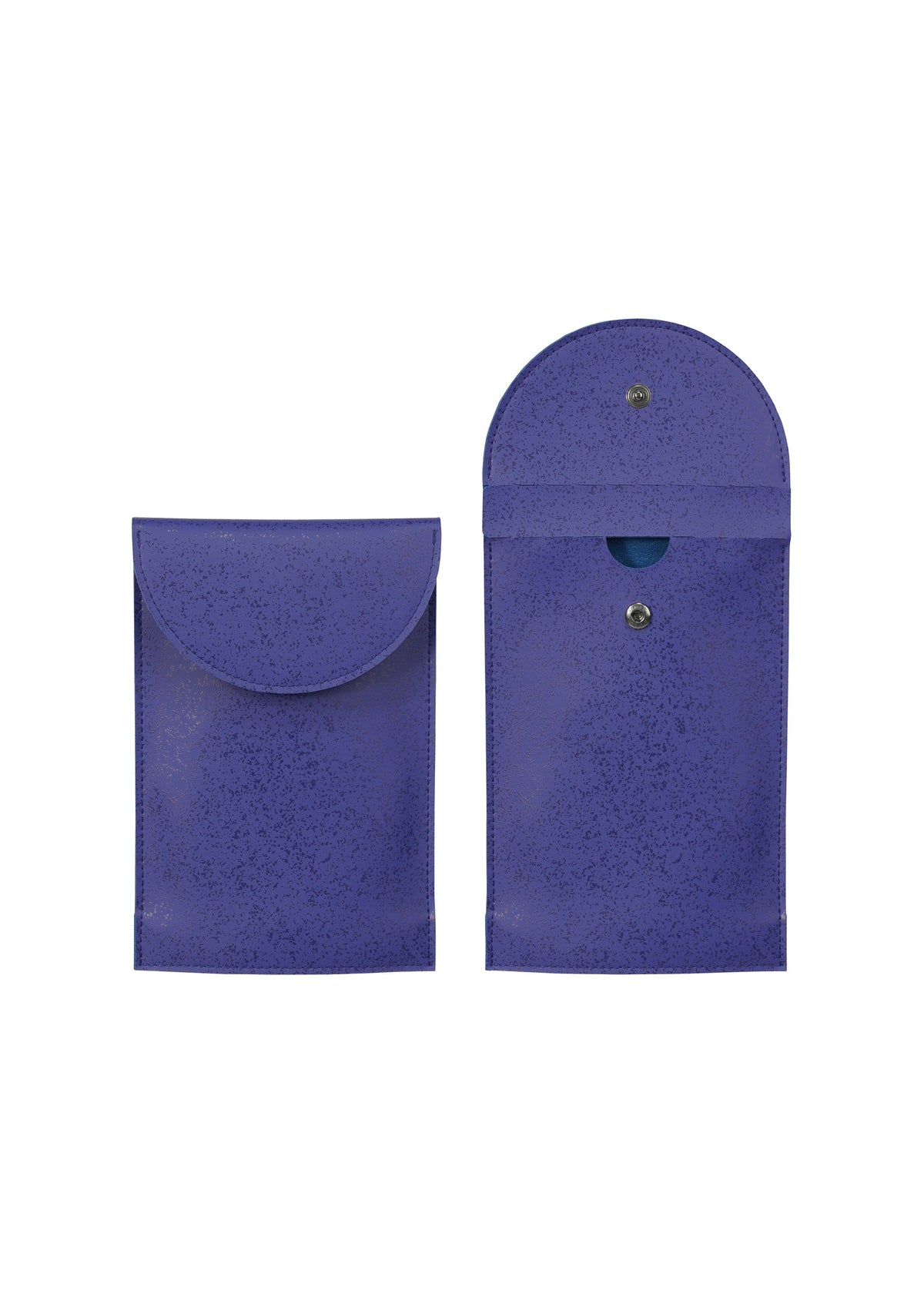 Two purple, speckled PACKAGE pochettes by GOOD GOODS ISSEY MIYAKE are shown side by side—one closed with a flap, the other open to reveal a rounded top and a blue circular sweet inside, making them ideal for a unique gift. view 3 of 9