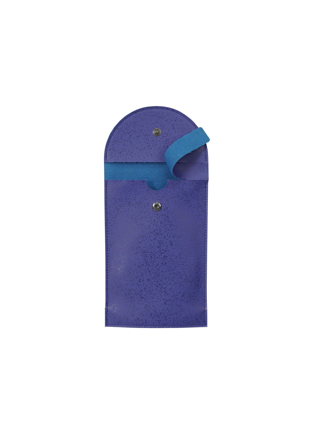 The PACKAGE by GOOD GOODS ISSEY MIYAKE is a purple eyeglass pochette with a rounded top, snap closure, and blue strap, shown open on a white background—perfect as a charming gift. view 4 of 9