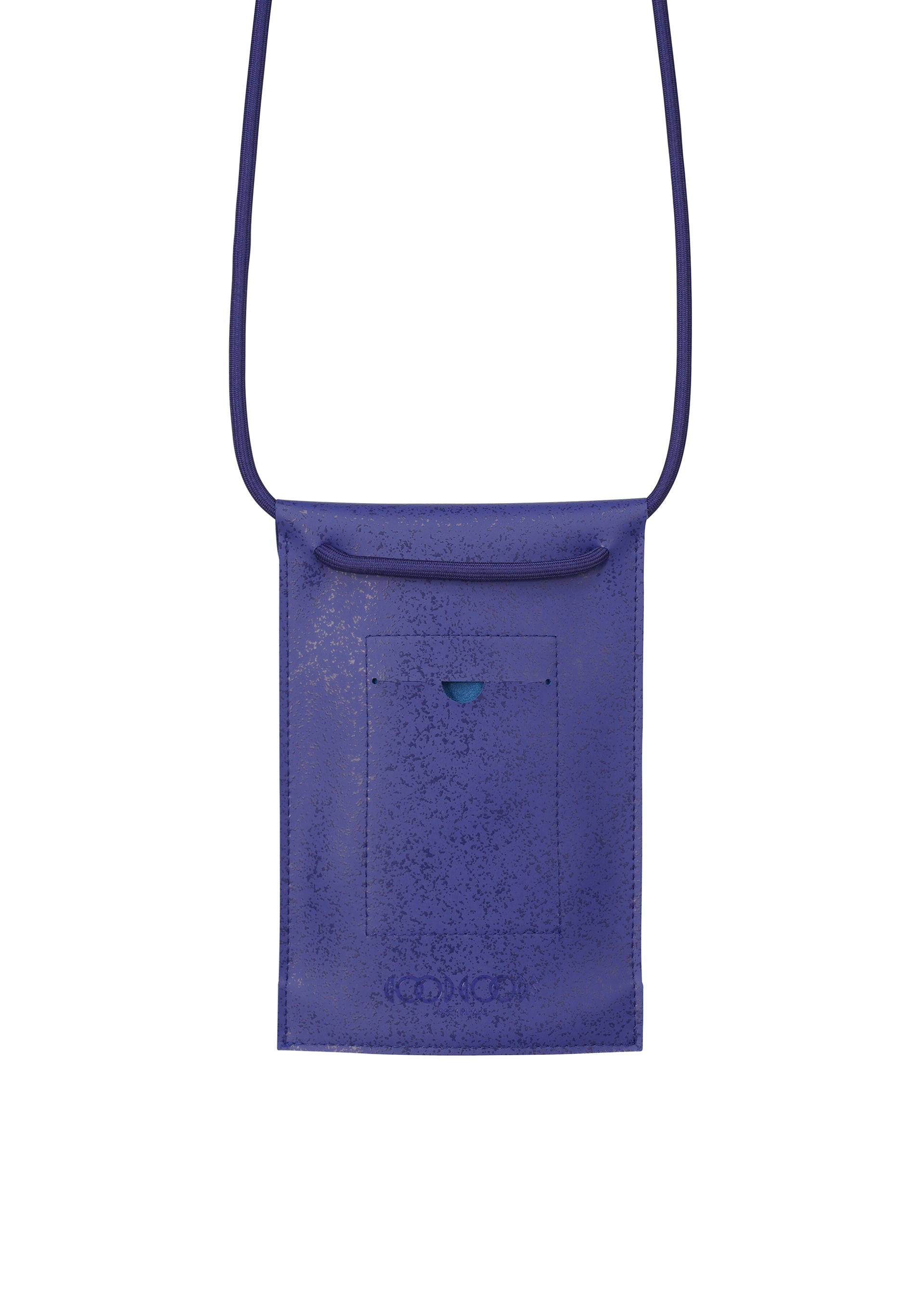 Zoomed view PACKAGE, a small rectangular purple pochette by GOOD GOODS ISSEY MIYAKE, features a front pocket and thin strap—perfect as a gift, shown against a white background.