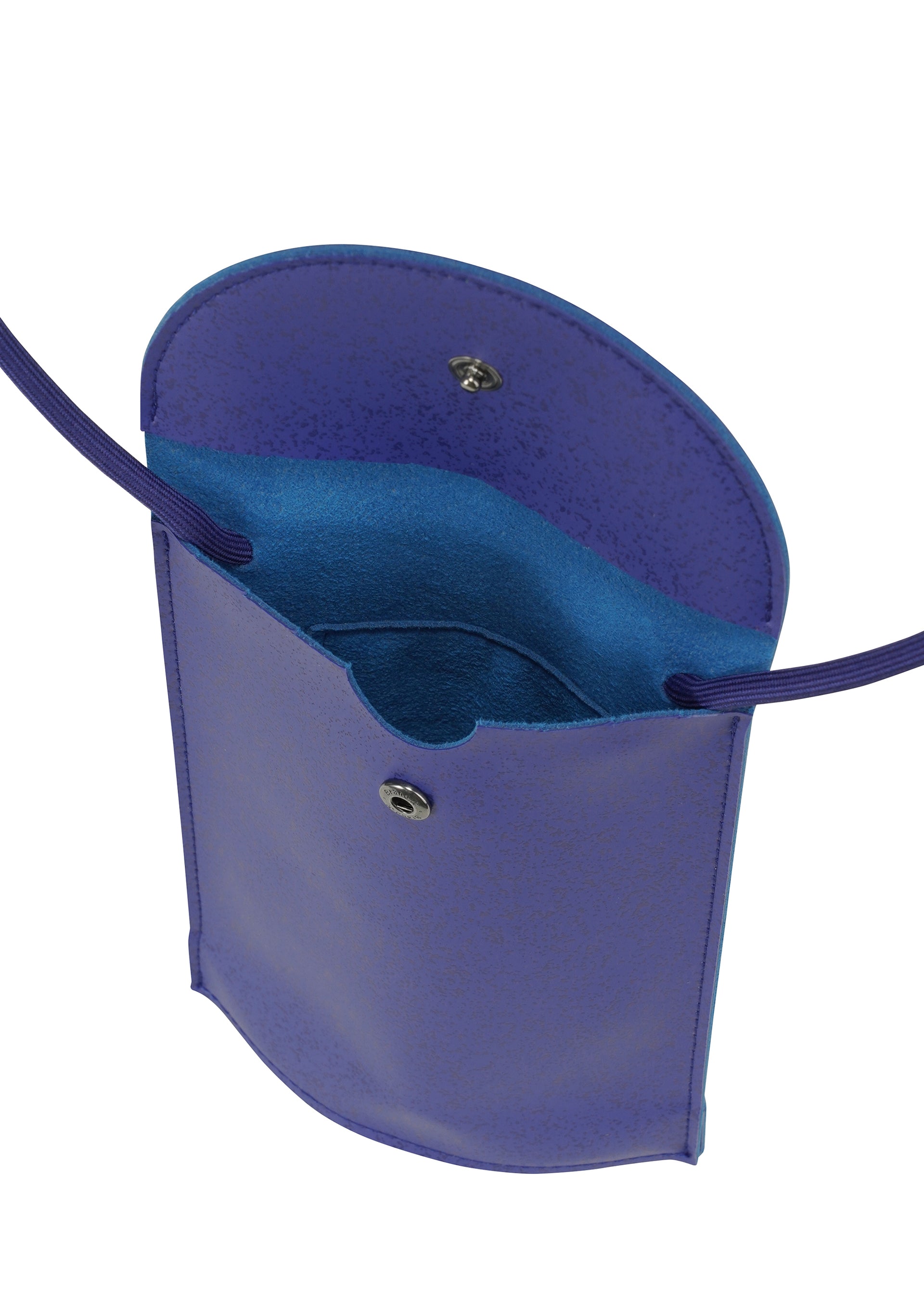 Zoomed view The PACKAGE by GOOD GOODS ISSEY MIYAKE is a small, open purple pochette crossbody bag with a snap closure and visible interior pocket—ideal for carrying sweets or as a charming gift, shown from above.