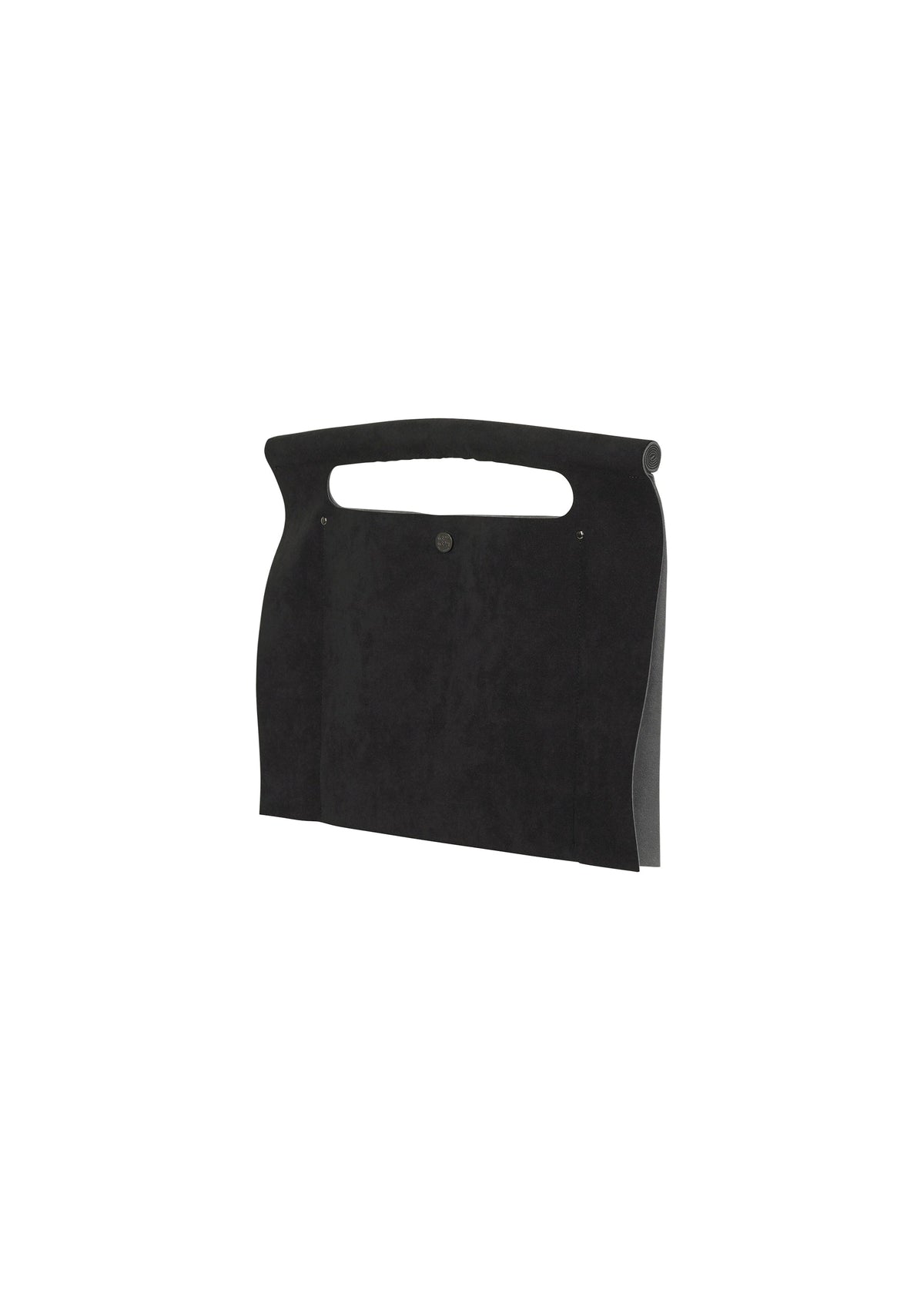 The KURURI by GOOD GOODS ISSEY MIYAKE is a black rectangular clutch bag with an adjustable handle and cutout top, shown against a plain white background. It features a minimalist matte design for a sleek, modern look. view 2 of 15