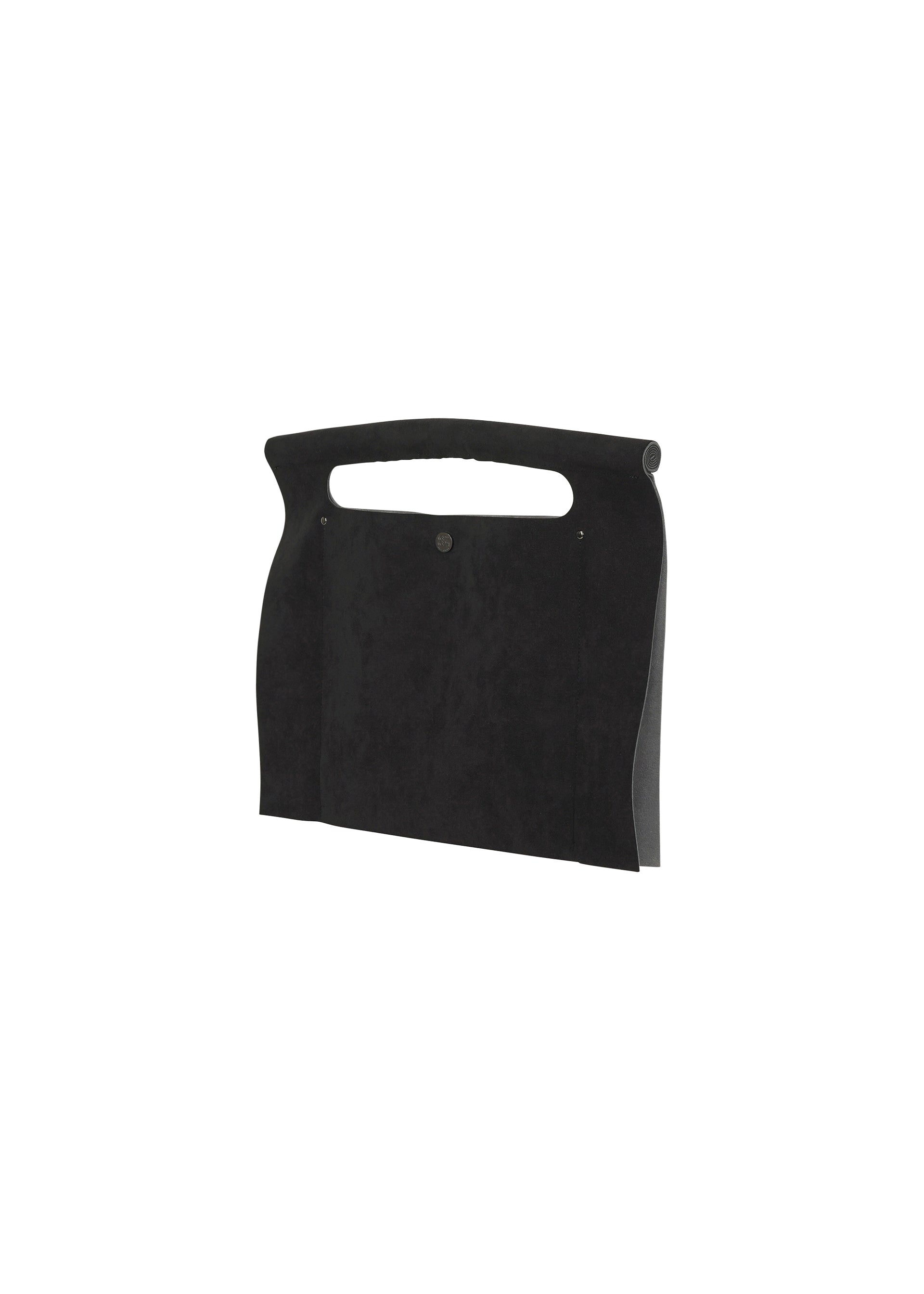 Zoomed view The KURURI by GOOD GOODS ISSEY MIYAKE is a black rectangular clutch bag with an adjustable handle and cutout top, shown against a plain white background. It features a minimalist matte design for a sleek, modern look.