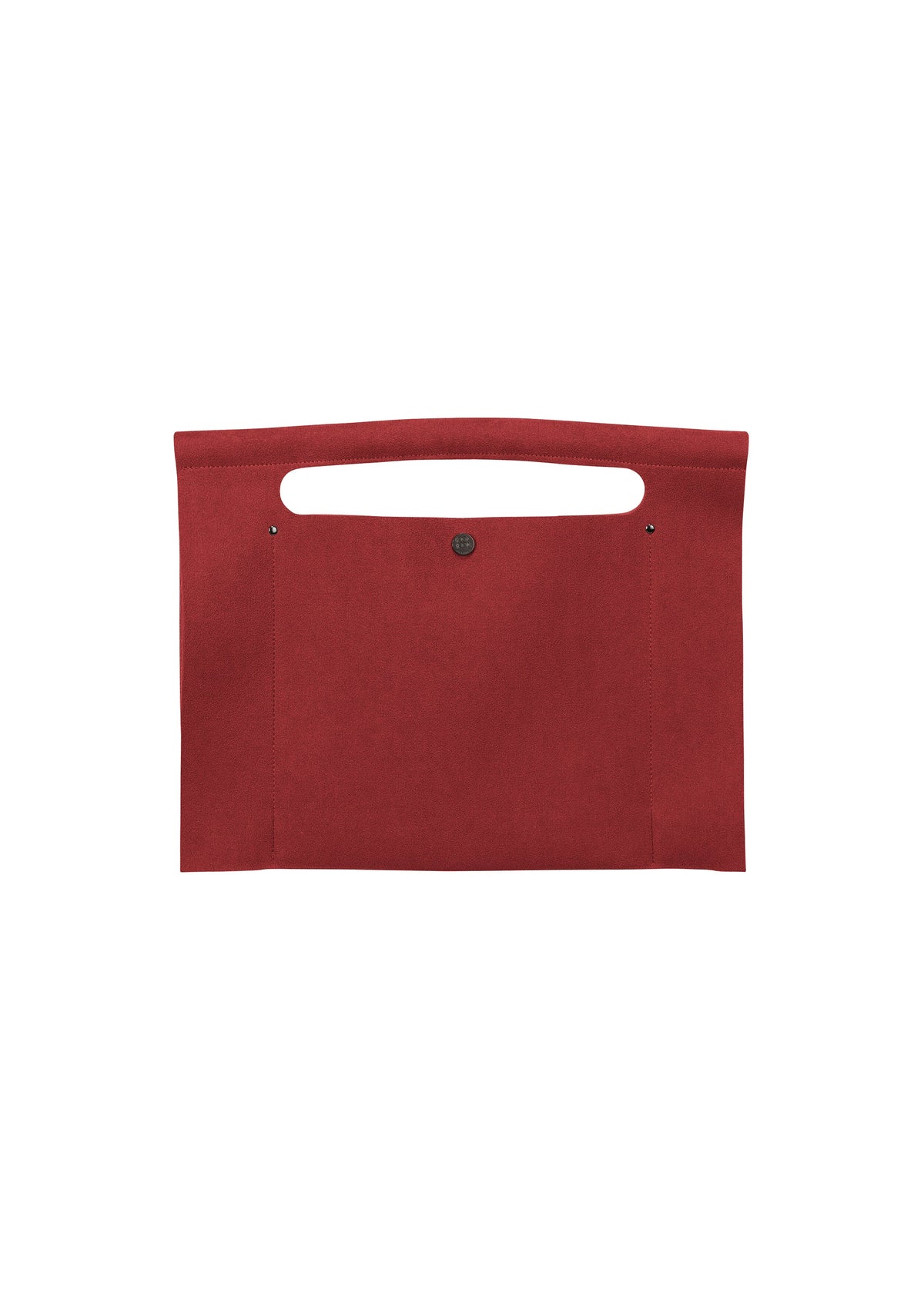 The KURURI by GOOD GOODS ISSEY MIYAKE is a flat red felt bag with a minimalist design, featuring an integrated top handle cutout and a front snap button closure. view 3 of 15