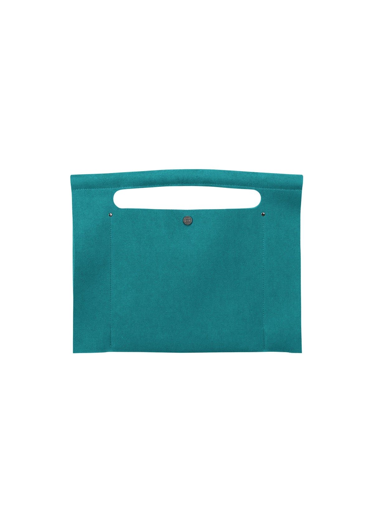 The KURURI by GOOD GOODS ISSEY MIYAKE is a flat, rectangular teal fabric bag featuring a top handle and front button closure, designed with a simple and minimalist aesthetic. view 5 of 15