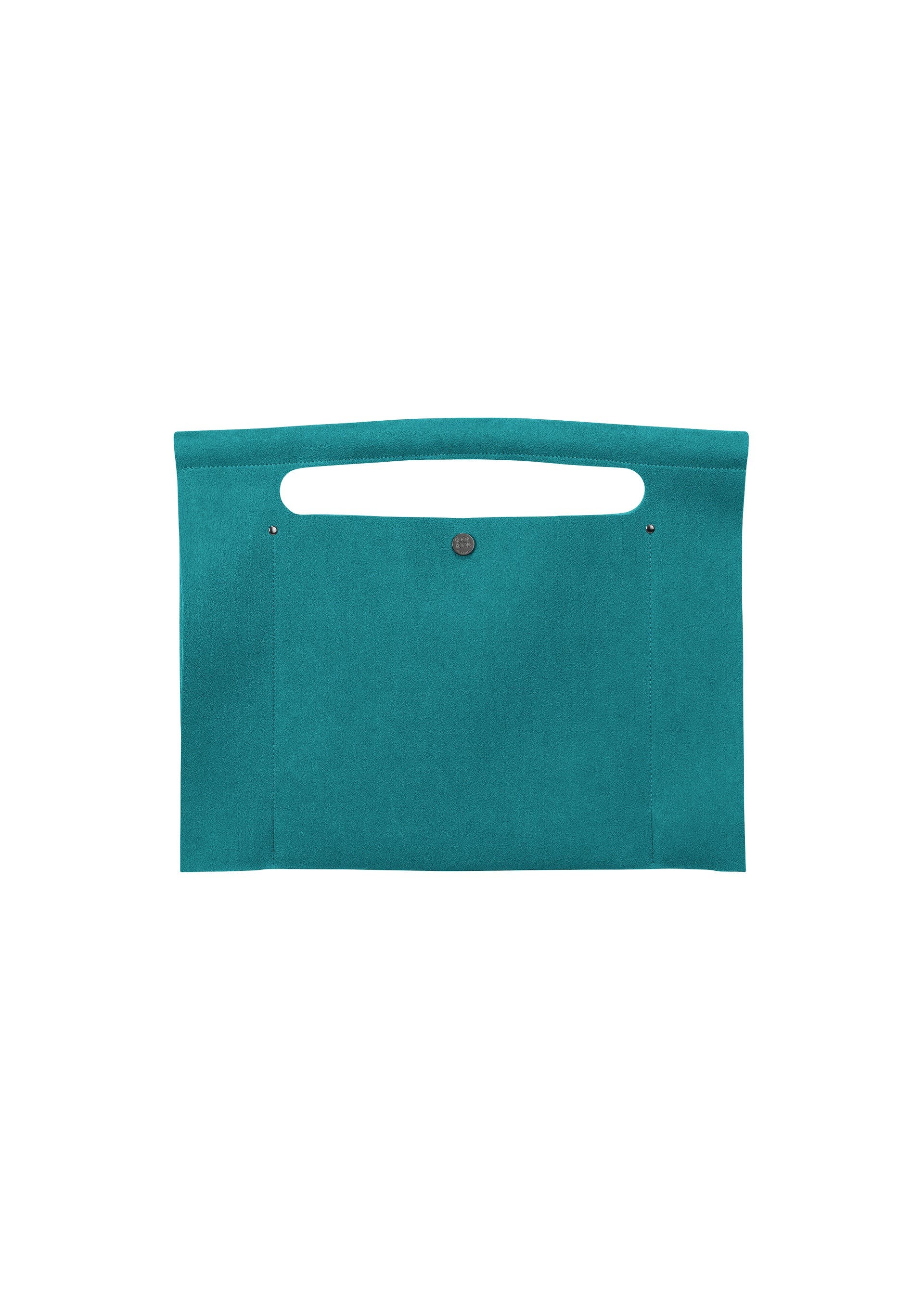 Zoomed view The KURURI by GOOD GOODS ISSEY MIYAKE is a flat, rectangular teal fabric bag featuring a top handle and front button closure, designed with a simple and minimalist aesthetic. - EMERALD （no.61）