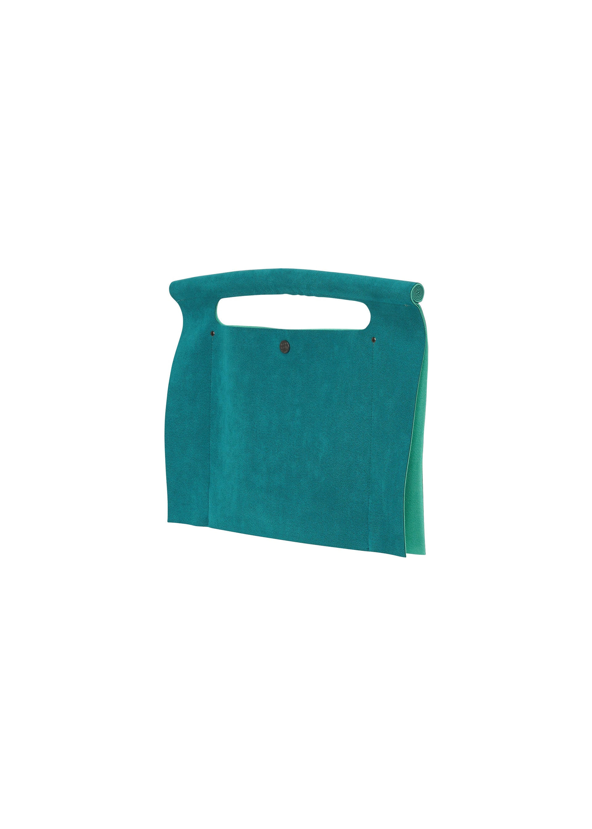 Zoomed view The KURURI bag by GOOD GOODS ISSEY MIYAKE is a teal felt fabric bag with a built-in handle and minimalist design, shown against a white background.
