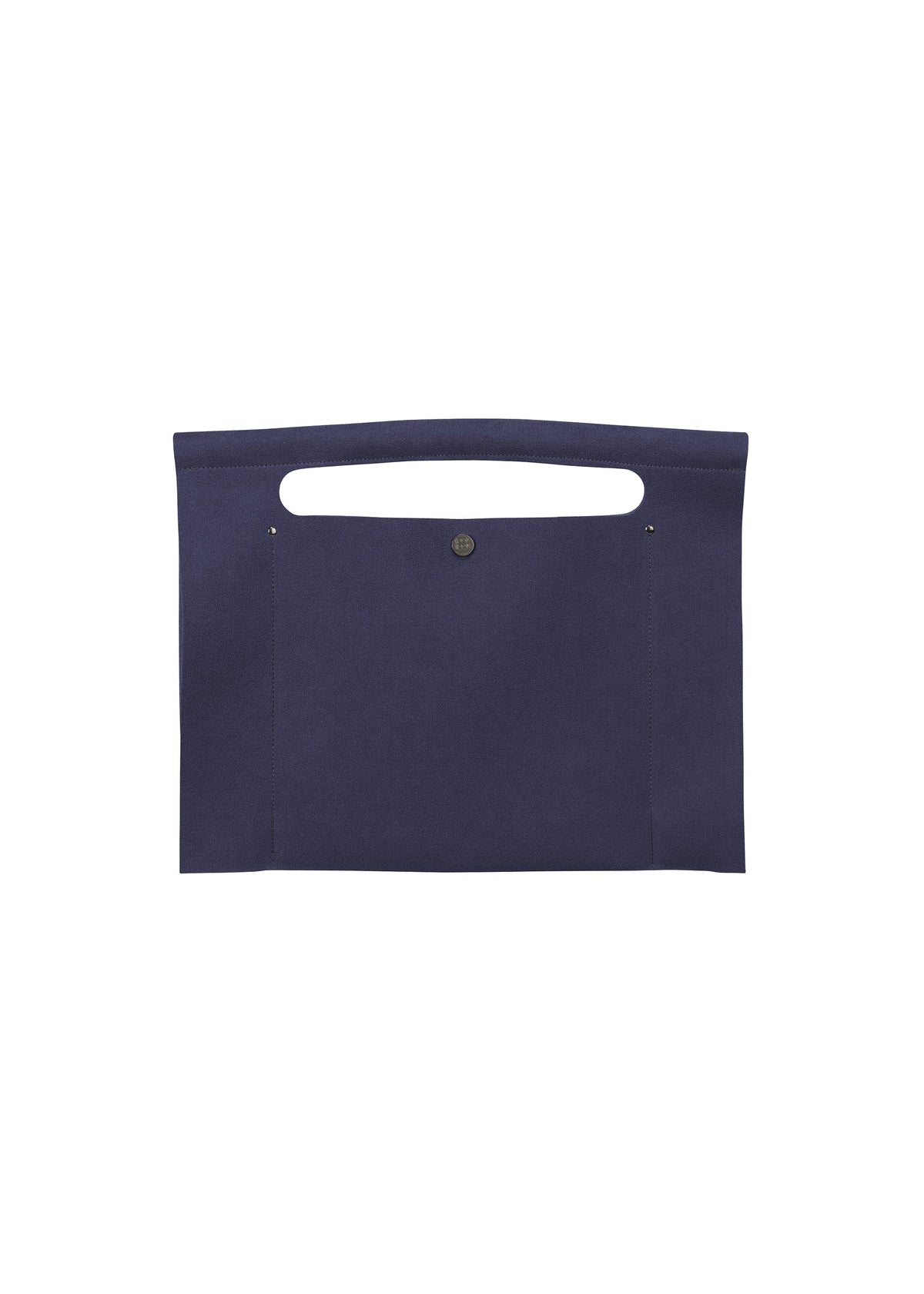 The KURURI by GOOD GOODS ISSEY MIYAKE is a flat, rectangular dark blue fabric bag featuring a top handle cutout and a central metal snap button closure. view 7 of 15