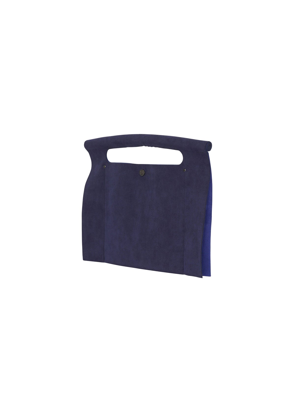 The KURURI by GOOD GOODS ISSEY MIYAKE is a navy blue suede clutch with a cut-out top handle and small front button closure, displayed against a white background. view 8 of 15