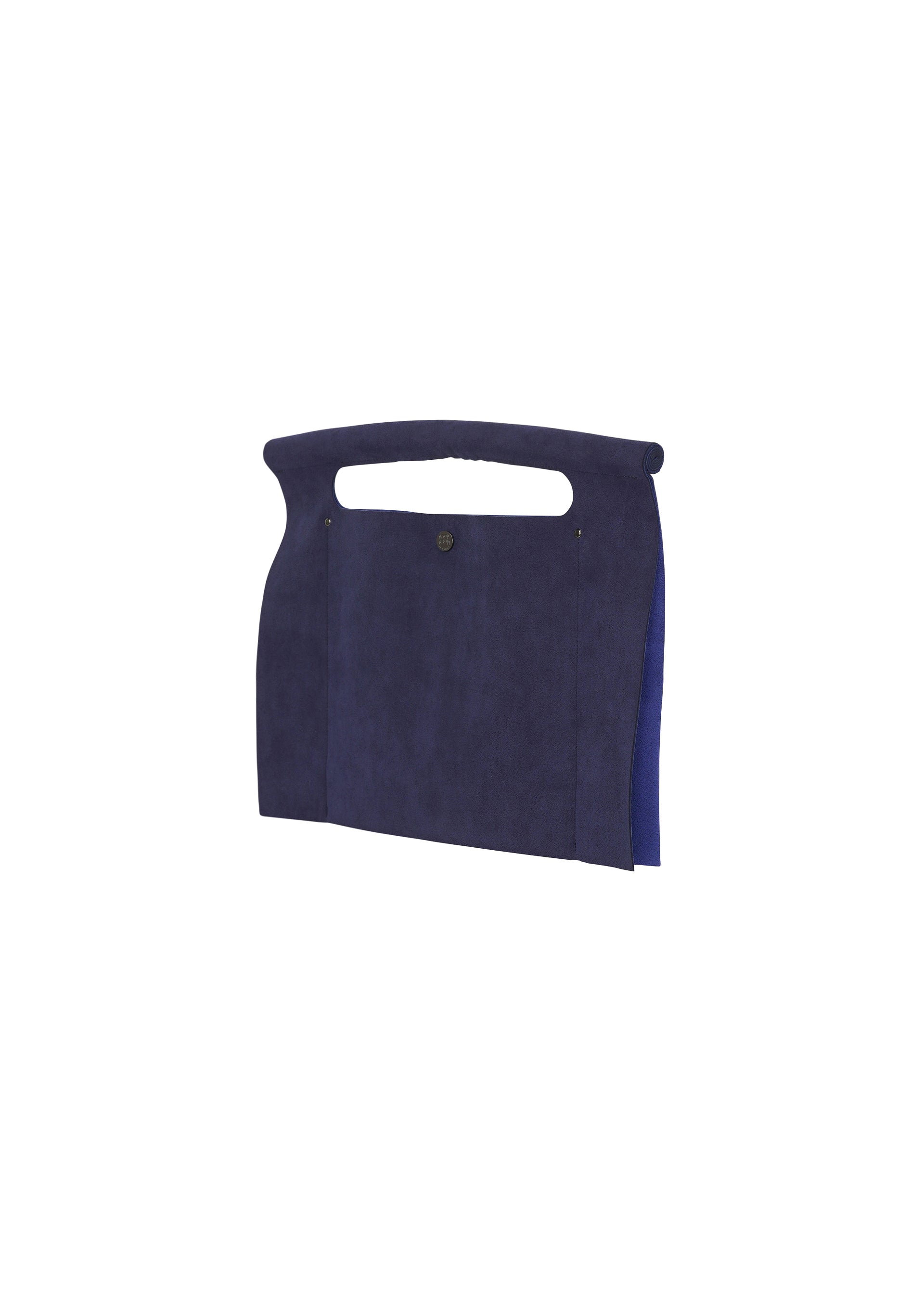 Zoomed view The KURURI by GOOD GOODS ISSEY MIYAKE is a navy blue suede clutch with a cut-out top handle and small front button closure, displayed against a white background.