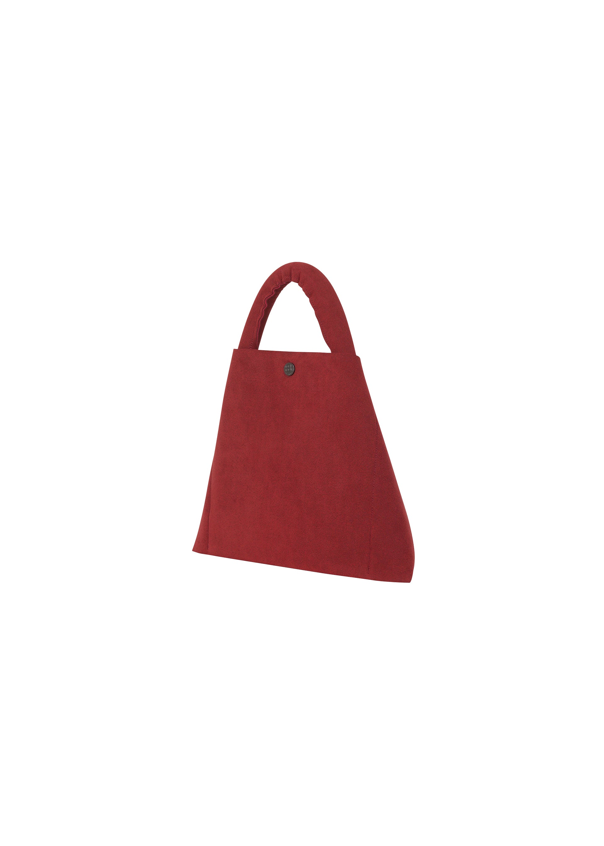 Zoomed view The KURURI by GOOD GOODS ISSEY MIYAKE is a small red triangular fabric bag featuring a rounded adjustable handle and button detail near the top, shown against a plain white background.