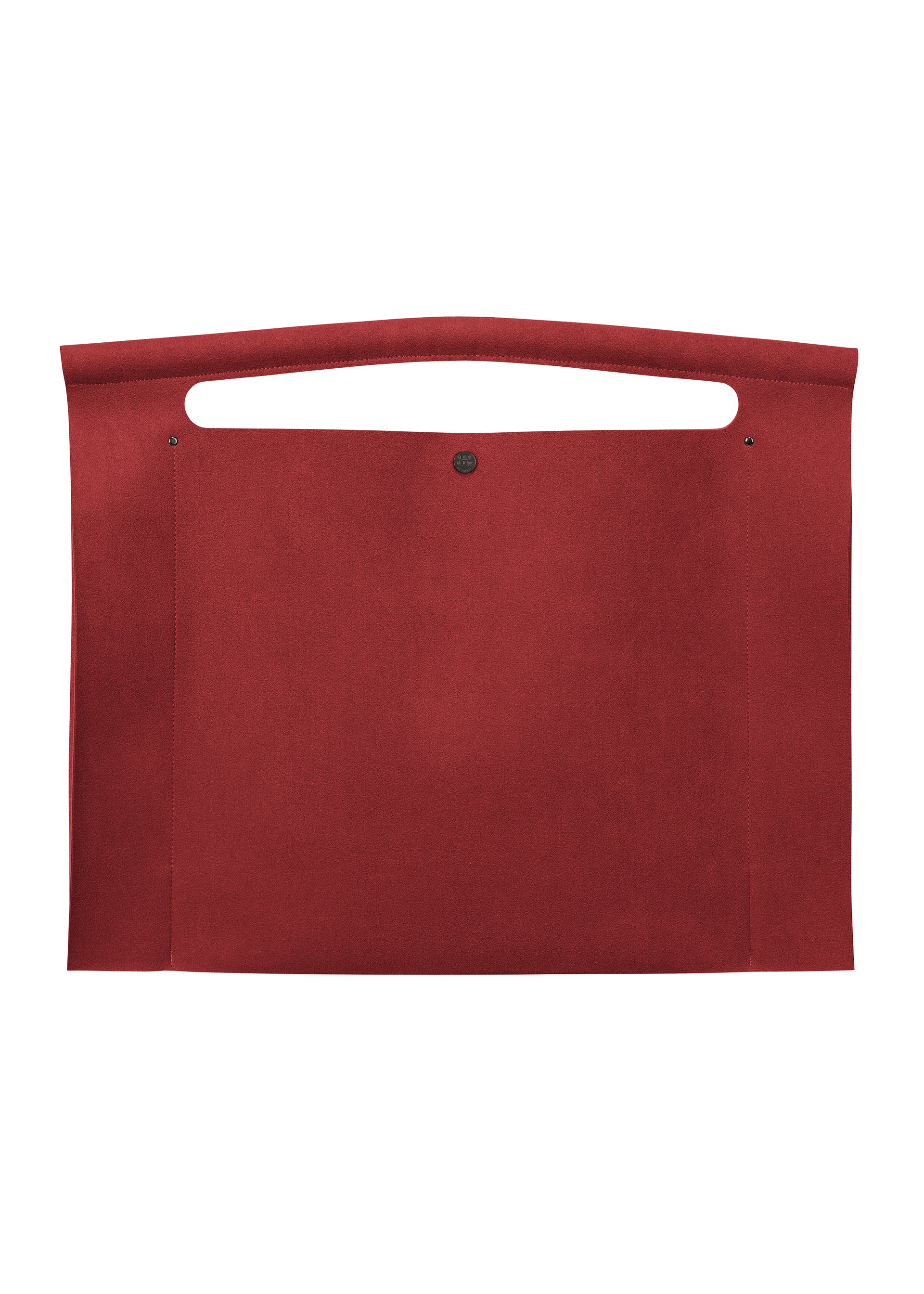 Zoomed view The KURURI by GOOD GOODS ISSEY MIYAKE is a deep red, flat rectangular felt bag with a sturdy top handle cutout, center snap button closure, and a minimalist modern design. - RED （no.24）