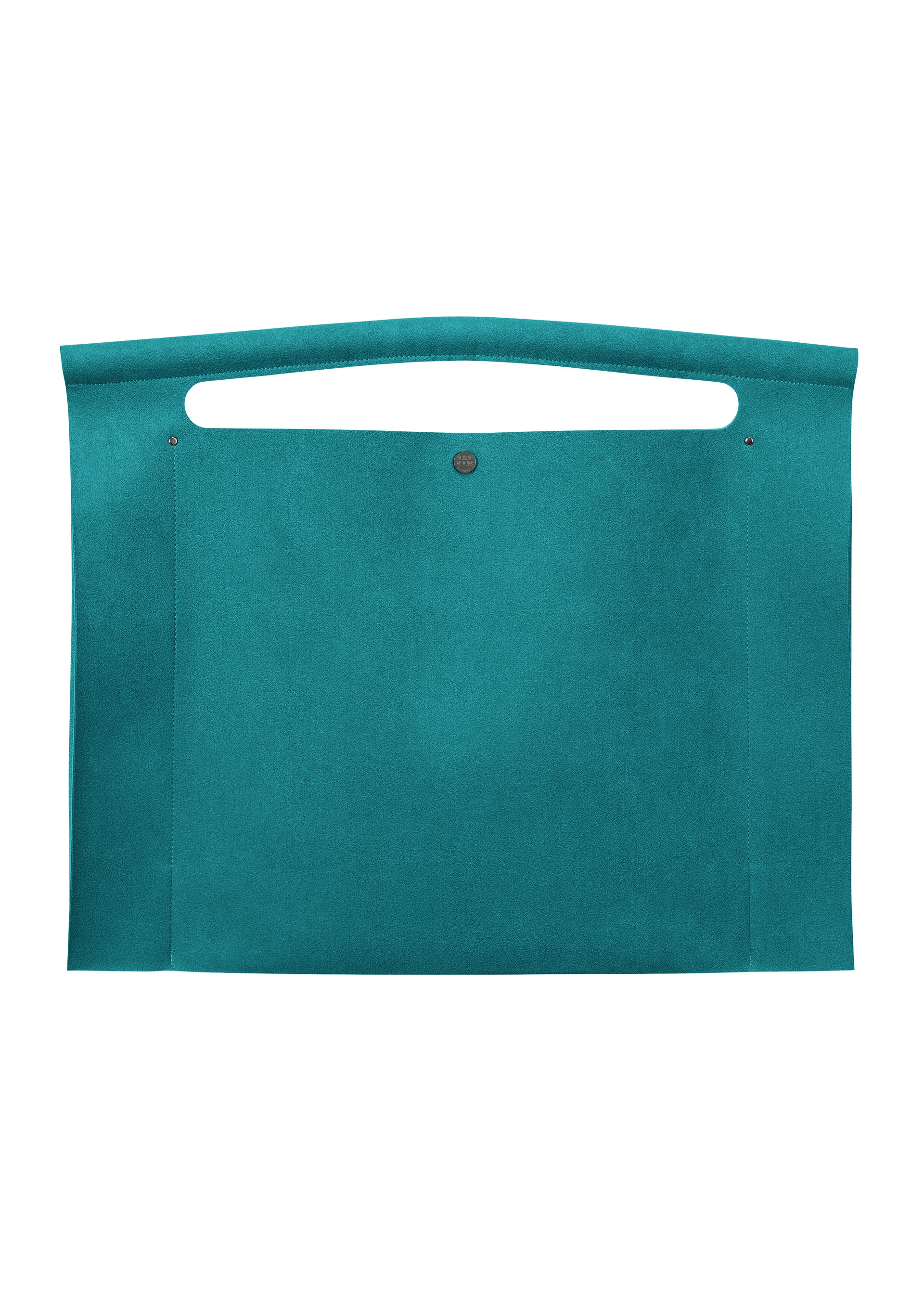 Zoomed view The KURURI by GOOD GOODS ISSEY MIYAKE is a large teal felt organizer with a strong handle cut-out, snap button closure, and a simple rectangular design. - EMERALD （no.61）