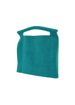The KURURI by GOOD GOODS ISSEY MIYAKE is a teal, suede-like adjustable silhouette bag or document holder featuring a sturdy handle and button closure, shown upright against a white background.