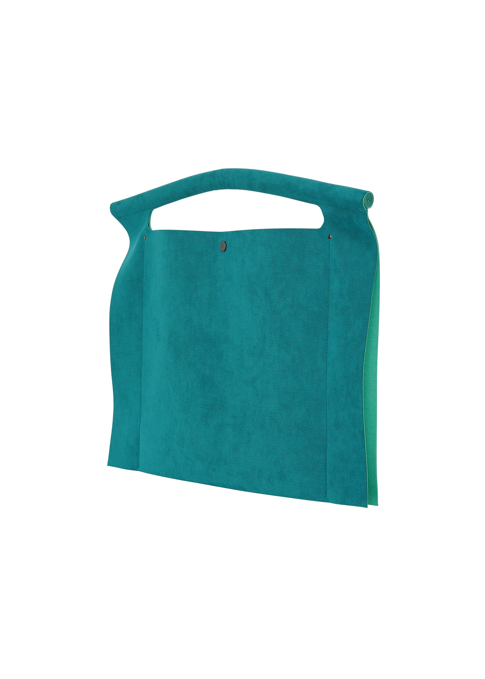 Zoomed view The KURURI by GOOD GOODS ISSEY MIYAKE is a teal, suede-like adjustable silhouette bag or document holder featuring a sturdy handle and button closure, shown upright against a white background.