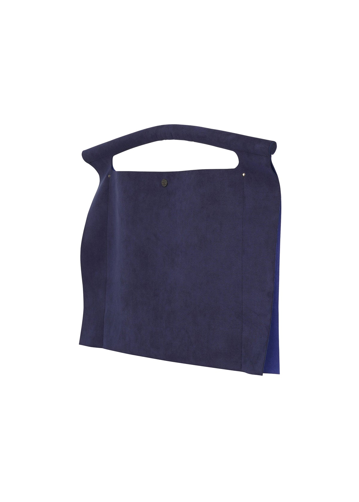 The KURURI by GOOD GOODS ISSEY MIYAKE is a minimalist, deep blue suede adjustable bag with a strong built-in handle and single snap closure, shown against a plain white background. view 8 of 17