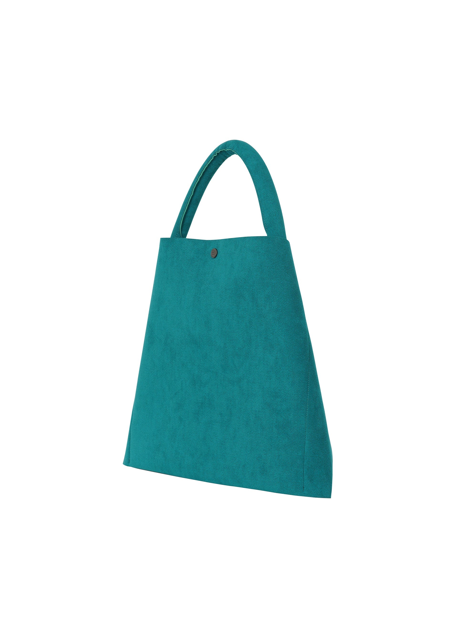Zoomed view The KURURI bag by GOOD GOODS ISSEY MIYAKE is a teal, triangular silhouette with an adjustable design, sturdy handle, and top-center button closure, shown against a white background.