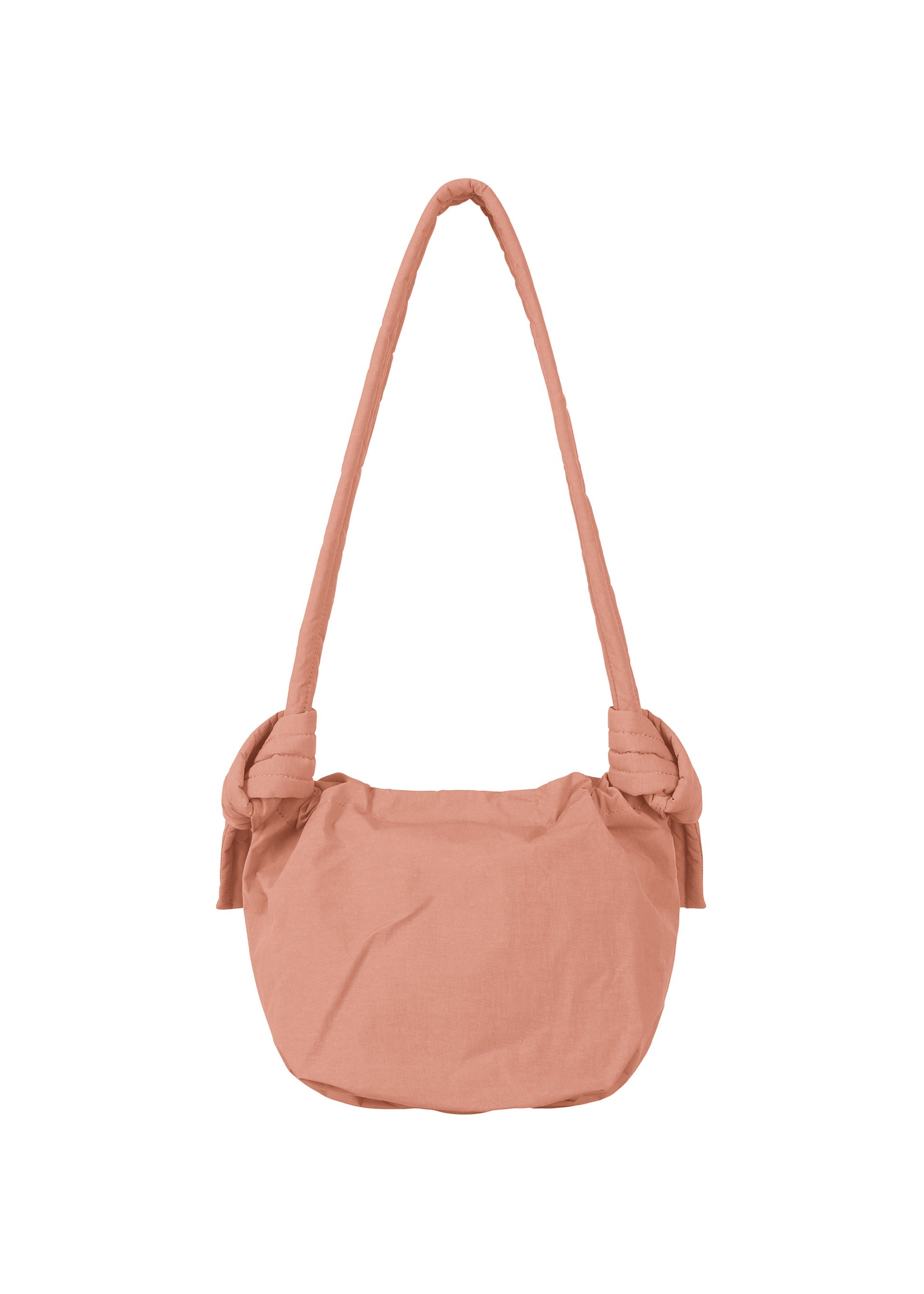 Zoomed view The FUWA FUWA by GOOD GOODS ISSEY MIYAKE is a soft pink shoulder bag with a long strap and gathered sides, inspired by Japanese noragi aesthetics, shown against a plain white background.