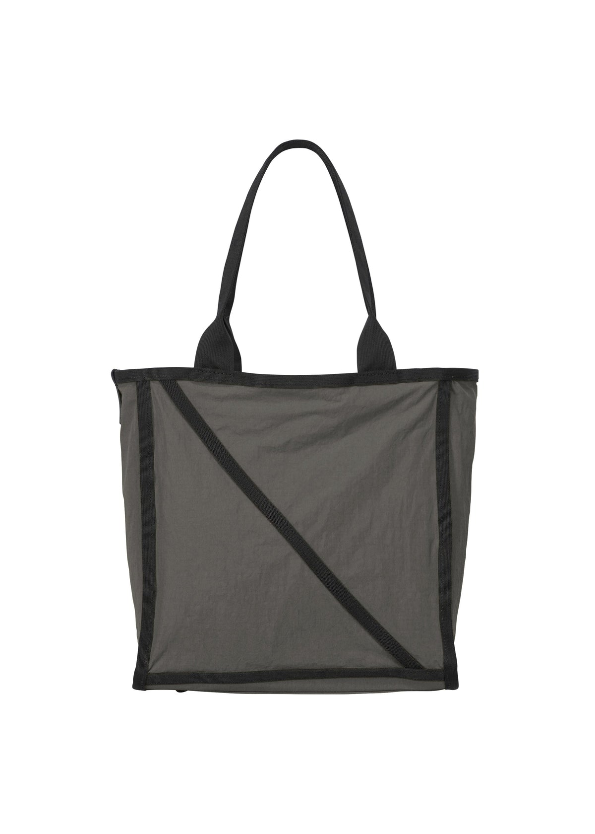 The WAKU tote bag by GOOD GOODS ISSEY MIYAKE, made from semi-transparent black mesh with wide gussets, two handles, and a diagonal front trim, is shown against a plain white background. view 1 of 7