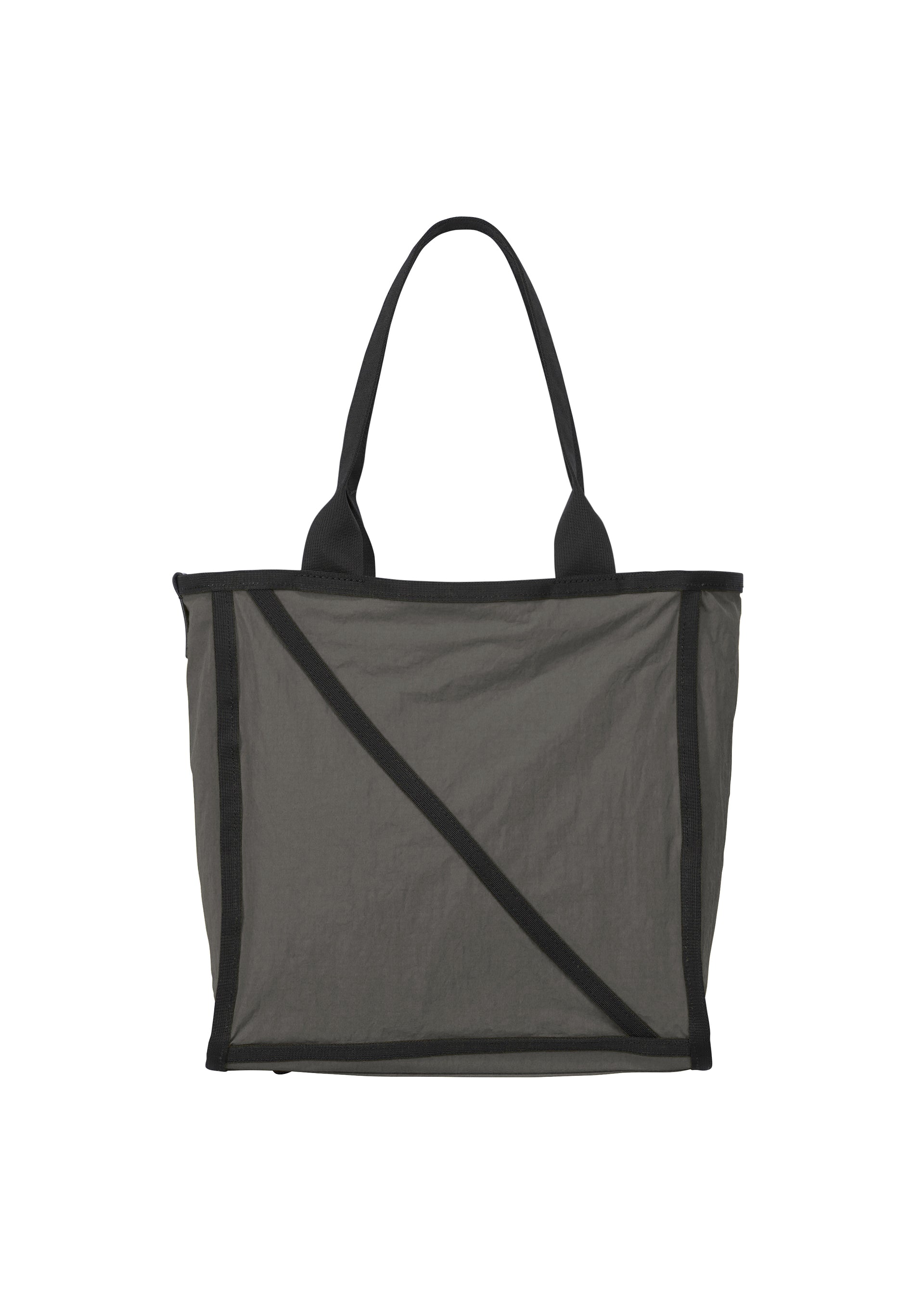 Zoomed view The WAKU tote bag by GOOD GOODS ISSEY MIYAKE, made from semi-transparent black mesh with wide gussets, two handles, and a diagonal front trim, is shown against a plain white background. - CHARCOAL GRAY （no.14）