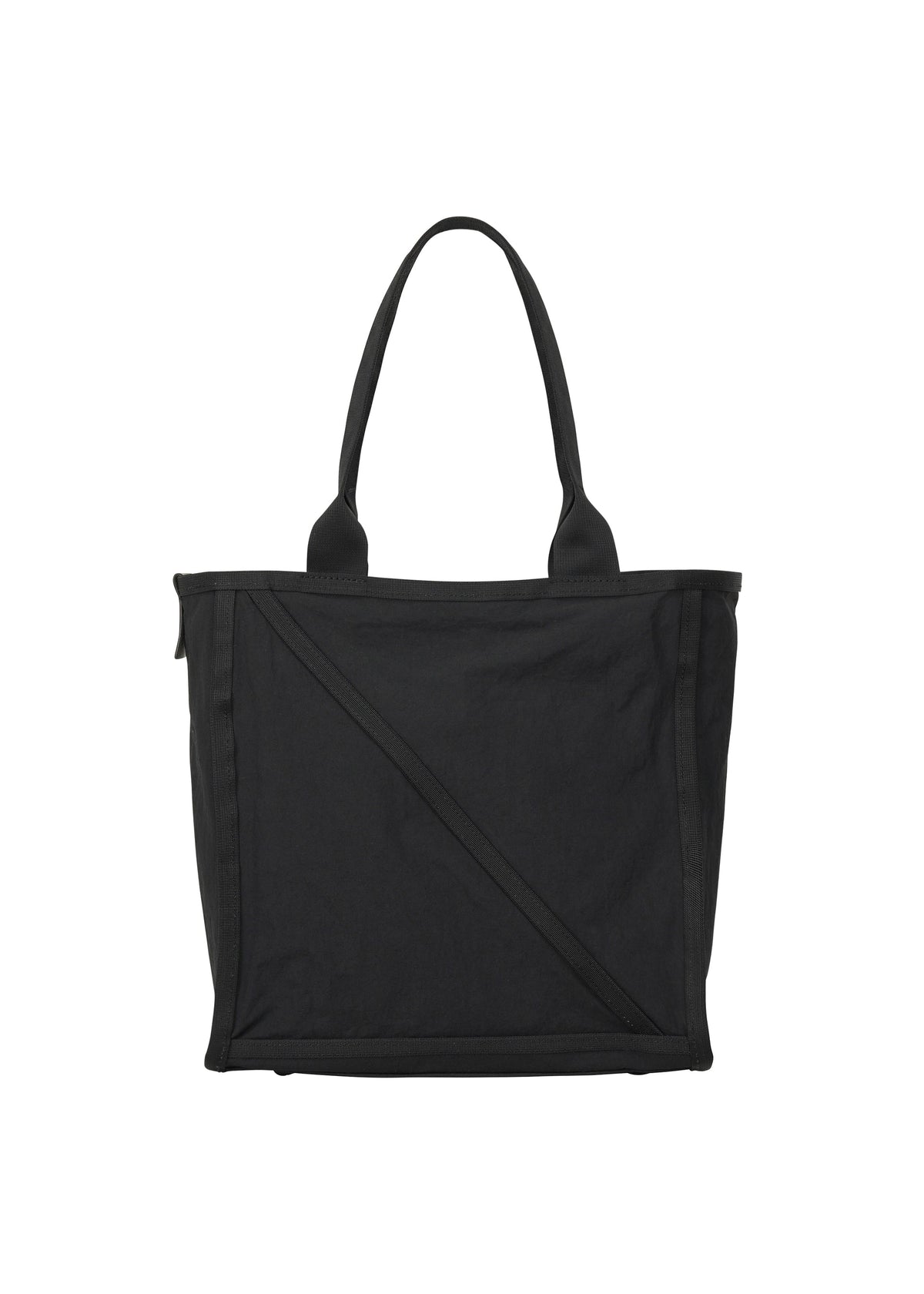 The WAKU tote by GOOD GOODS ISSEY MIYAKE features a plain black design with wide gussets, two handles, and a subtle diagonal front seam, shown against a white background. view 1 of 6
