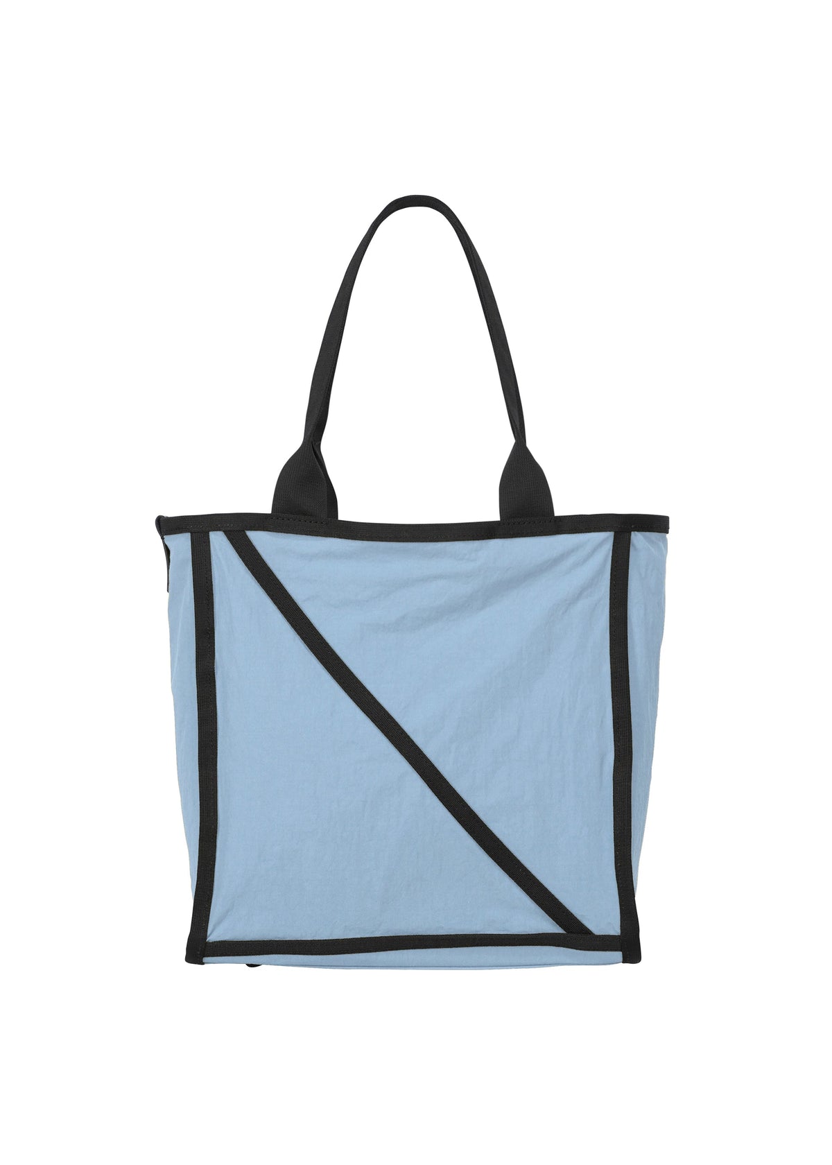 The WAKU tote bag by GOOD GOODS ISSEY MIYAKE features a light blue body, two black handles, black edge trim, wide gussets for extra space, and an angled line across the front, shown against a white background. view 2 of 7