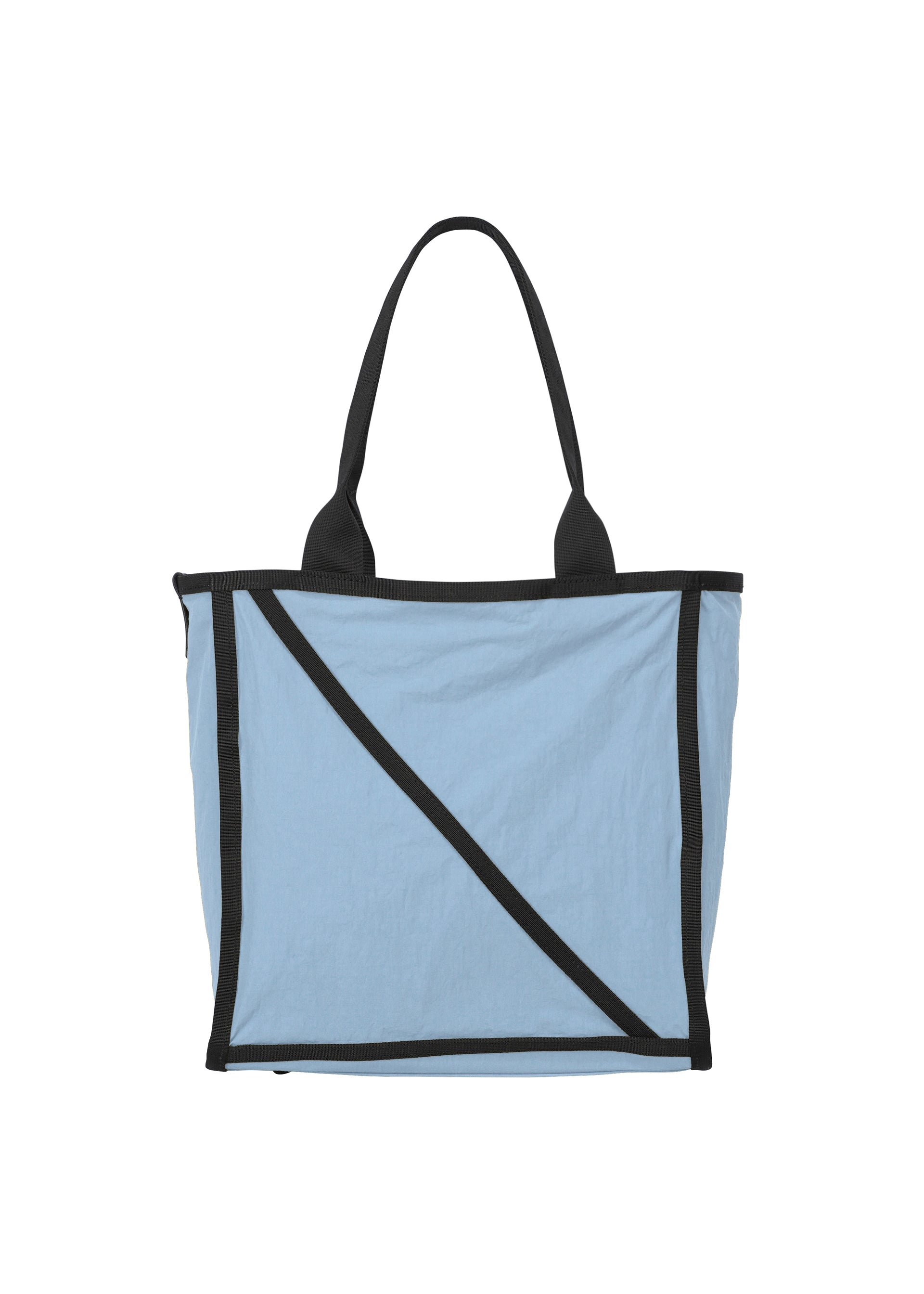 Zoomed view The WAKU tote bag by GOOD GOODS ISSEY MIYAKE features a light blue body, two black handles, black edge trim, wide gussets for extra space, and an angled line across the front, shown against a white background. - LIGHT BLUE （no.71）