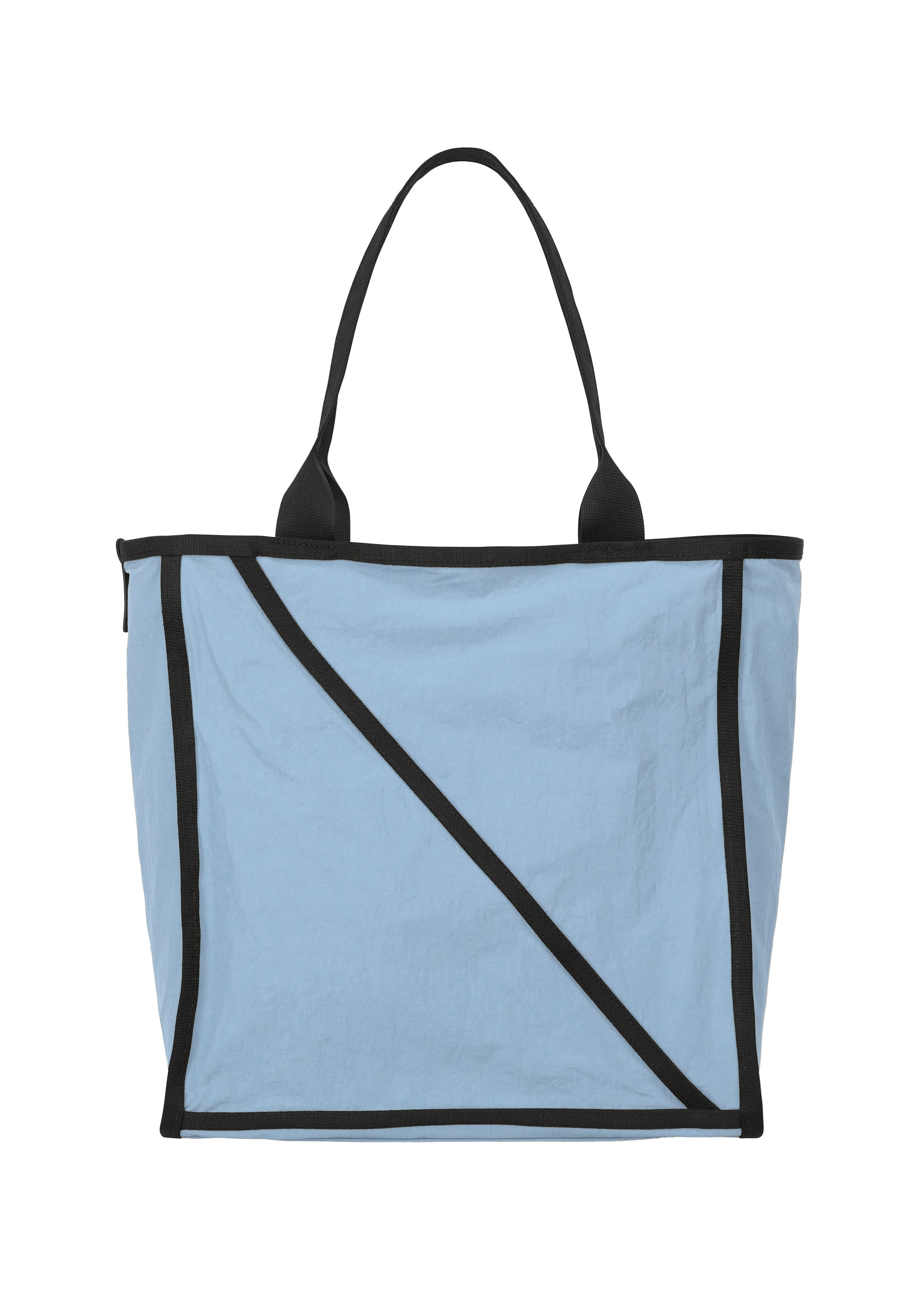Zoomed view The WAKU tote bag by GOOD GOODS ISSEY MIYAKE features light blue fabric with black handles, edge trim, and a diagonal line design. Its rectangular shape and modern style create a simple yet striking accessory. - LIGHT BLUE （no.71）