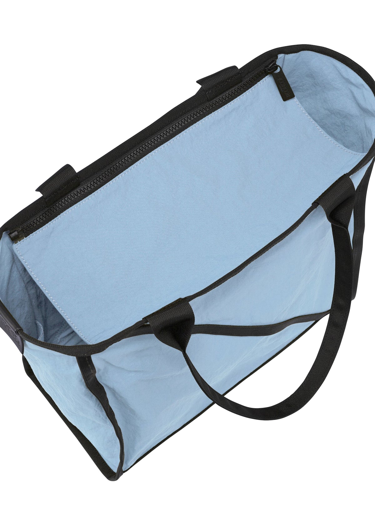 The WAKU tote by GOOD GOODS ISSEY MIYAKE is light blue with black handles and trim, featuring wide gussets for extra space, a sturdy truss structure for durability, and an open main zippered compartment shown from above. view 3 of 6