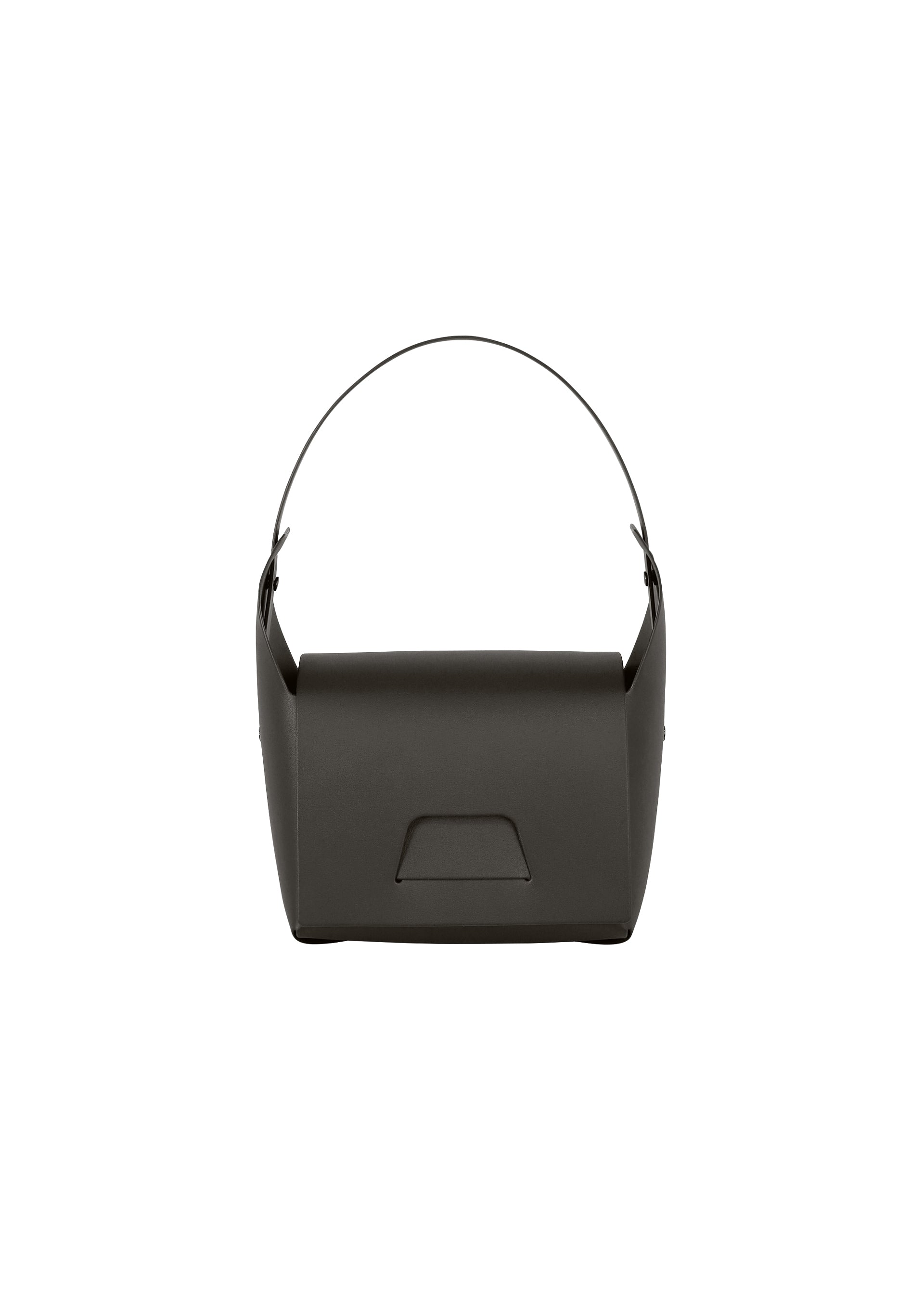 Zoomed view The BOX bag by GOOD GOODS ISSEY MIYAKE is a black, rectangular design with a single rounded handle and minimalist appeal, featuring a small geometric front detail. Presented against a plain white background for subtle sophistication. - BLACK(no.15)
