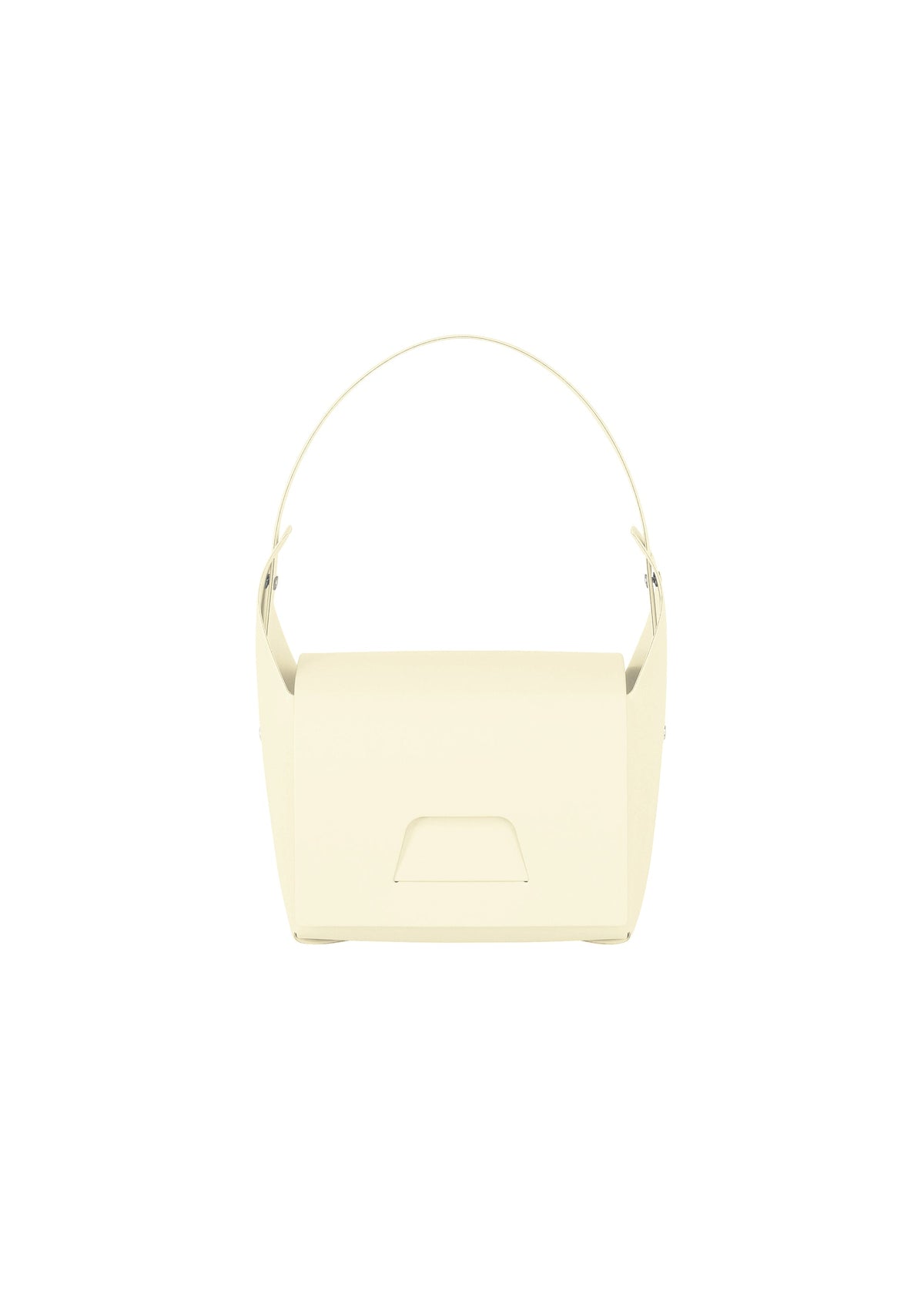 The BOX bag by GOOD GOODS ISSEY MIYAKE features a minimalist, pale yellow, rectangular design with a single curved handle, displayed against a plain white background. view 2 of 11