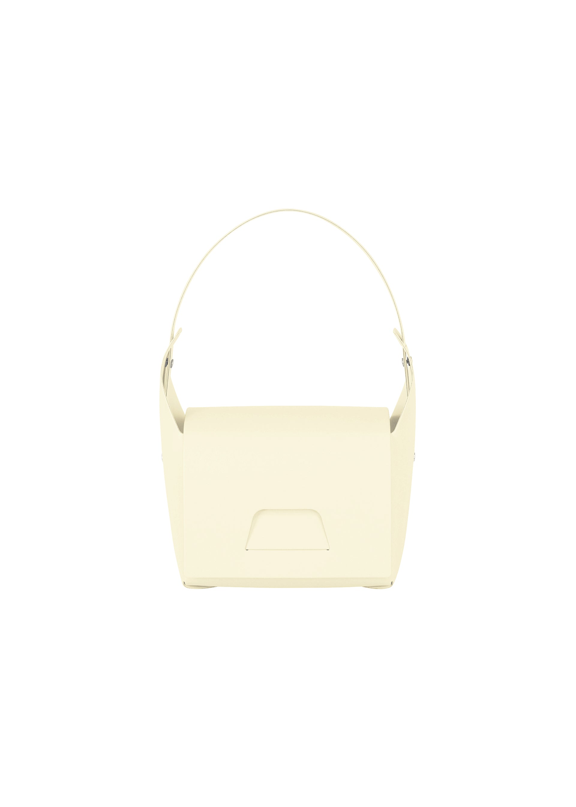Zoomed view The BOX bag by GOOD GOODS ISSEY MIYAKE features a minimalist, pale yellow, rectangular design with a single curved handle, displayed against a plain white background. - CREAM(no.50)