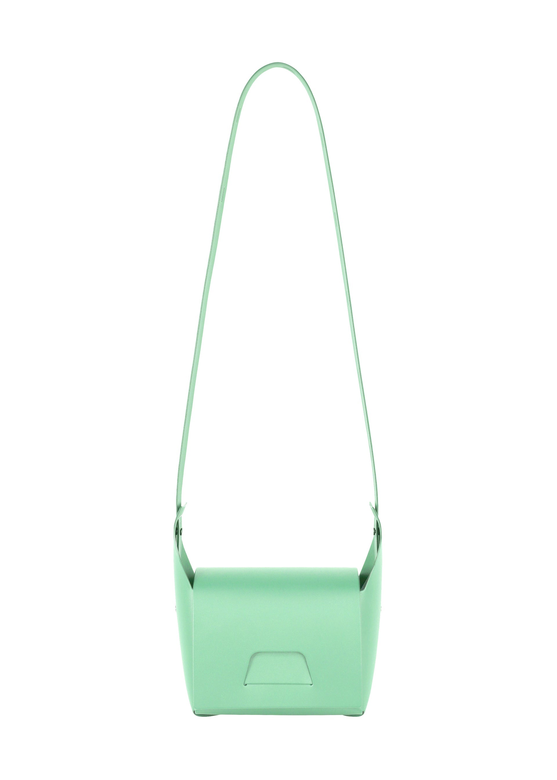 Zoomed view The BOX by GOOD GOODS ISSEY MIYAKE is a minimalistic mint green rectangular bag with a long strap, showcased against a white background.