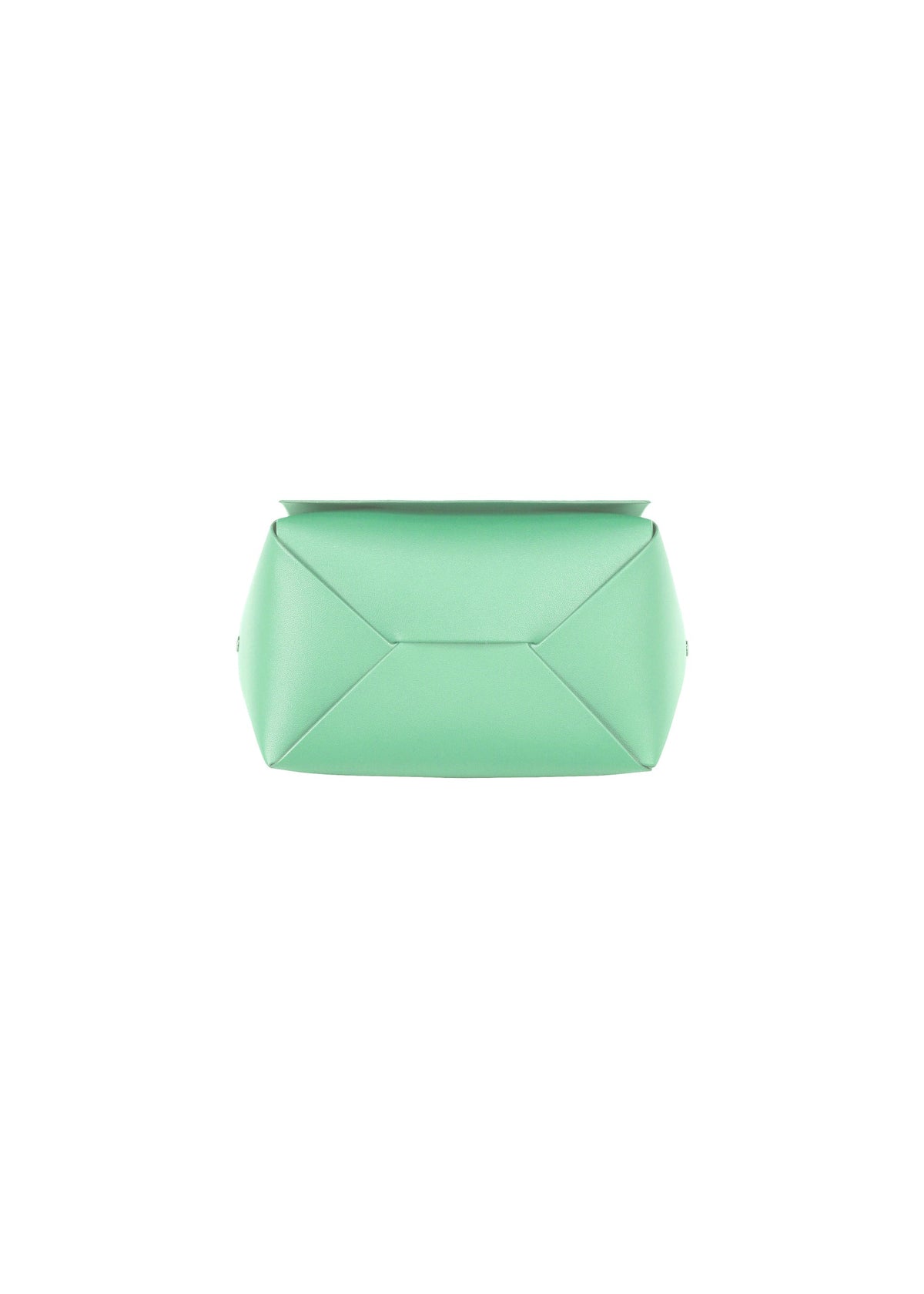 The BOX bag by GOOD GOODS ISSEY MIYAKE, featuring a minimalist mint green geometric design, is displayed on a plain white background and shown from the bottom view. view 6 of 10