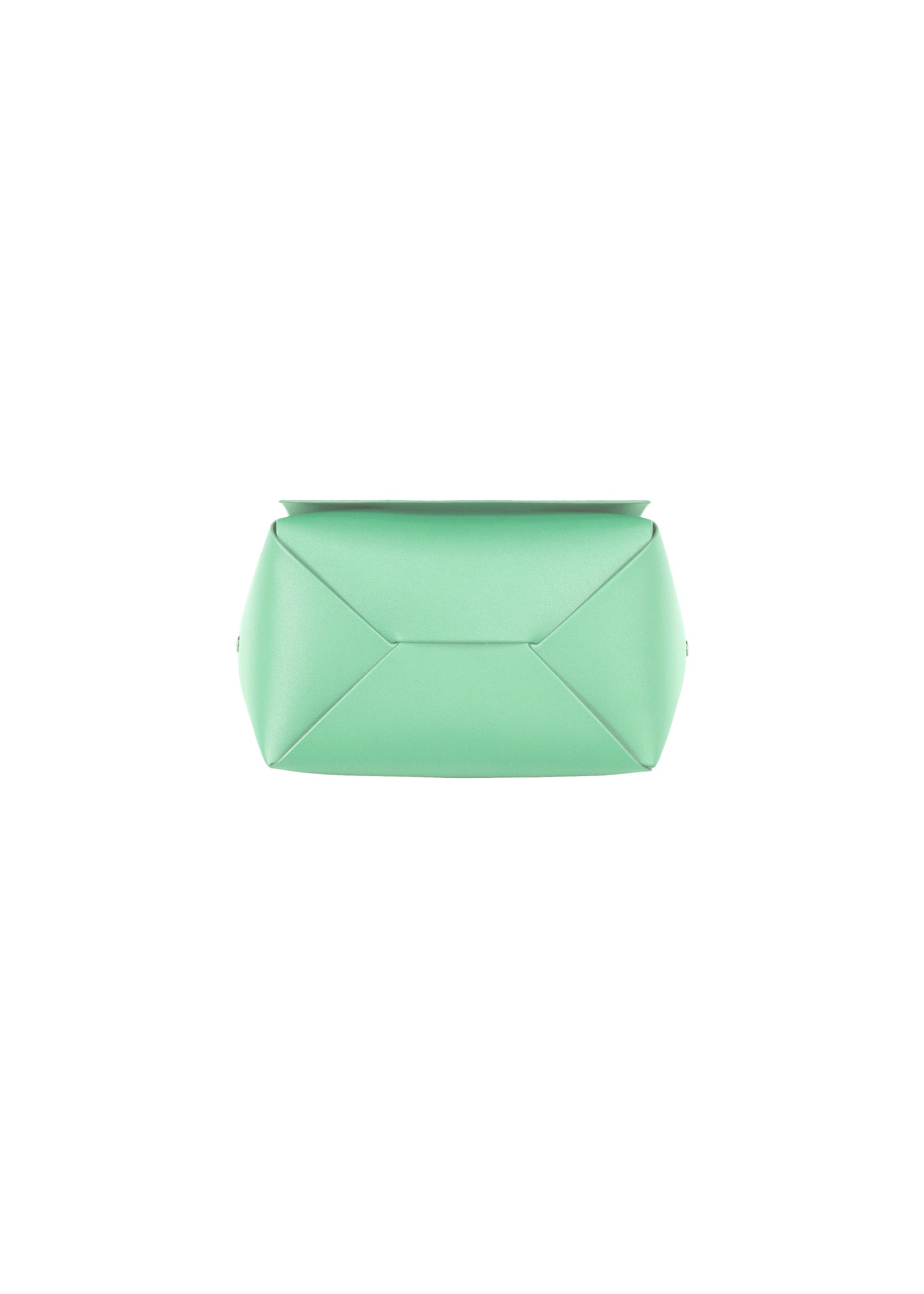 Zoomed view The BOX bag by GOOD GOODS ISSEY MIYAKE, featuring a minimalist mint green geometric design, is displayed on a plain white background and shown from the bottom view.