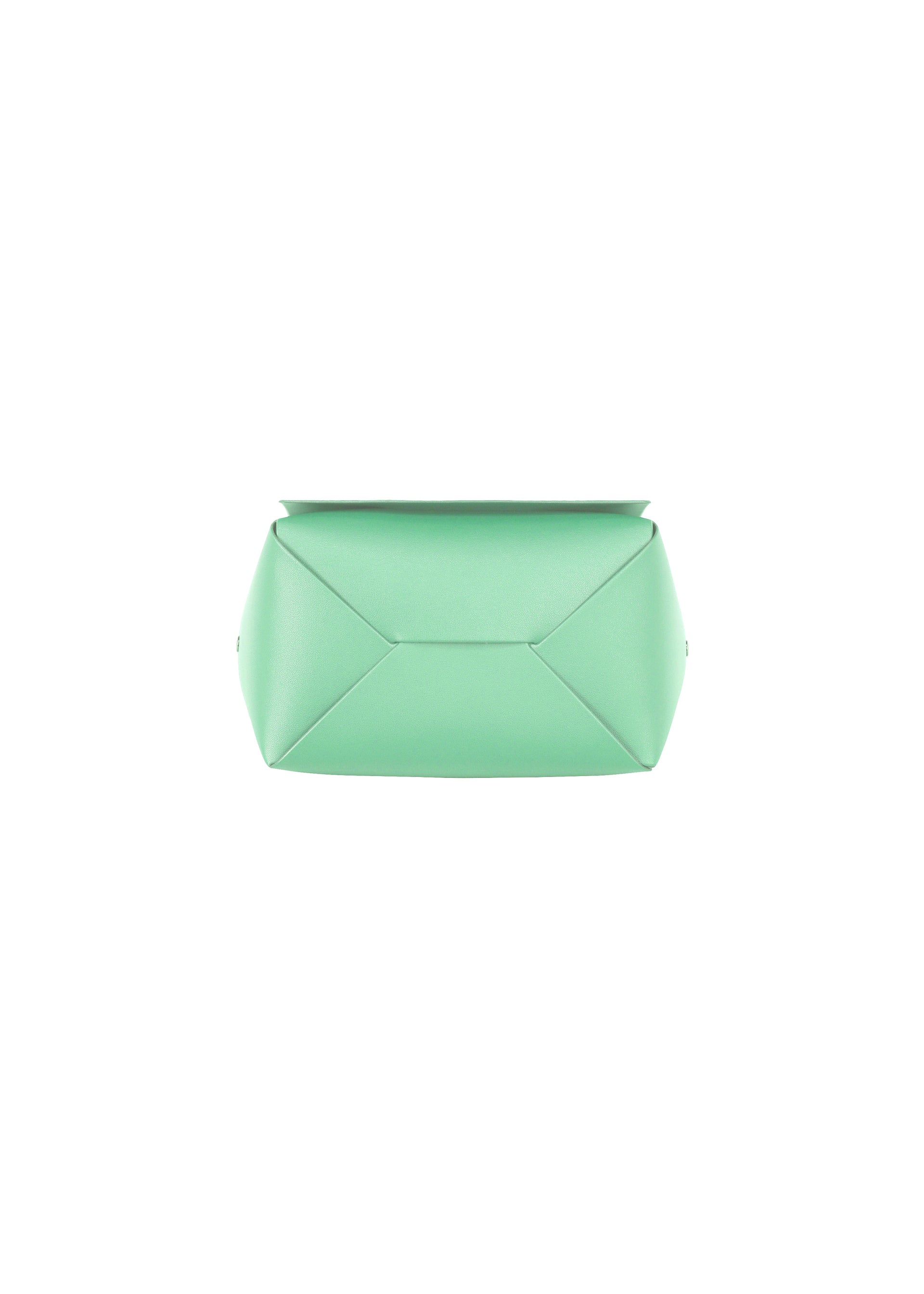 Zoomed view The BOX bag by GOOD GOODS ISSEY MIYAKE, featuring a small, mint green geometric shape with a folded, angular design, is displayed centered against a plain white background.