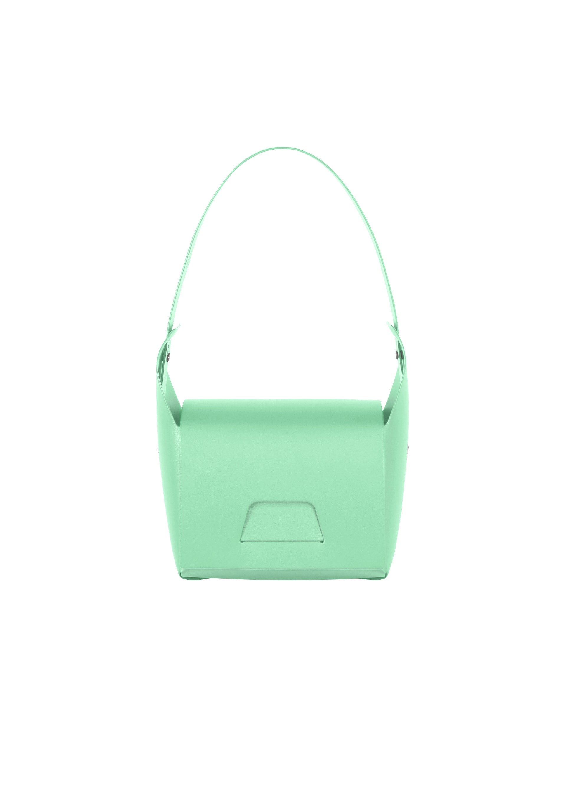 Zoomed view The BOX bag by GOOD GOODS ISSEY MIYAKE is a minimalist, rectangular mint green accessory with a single top handle, shown from the front on a white background.