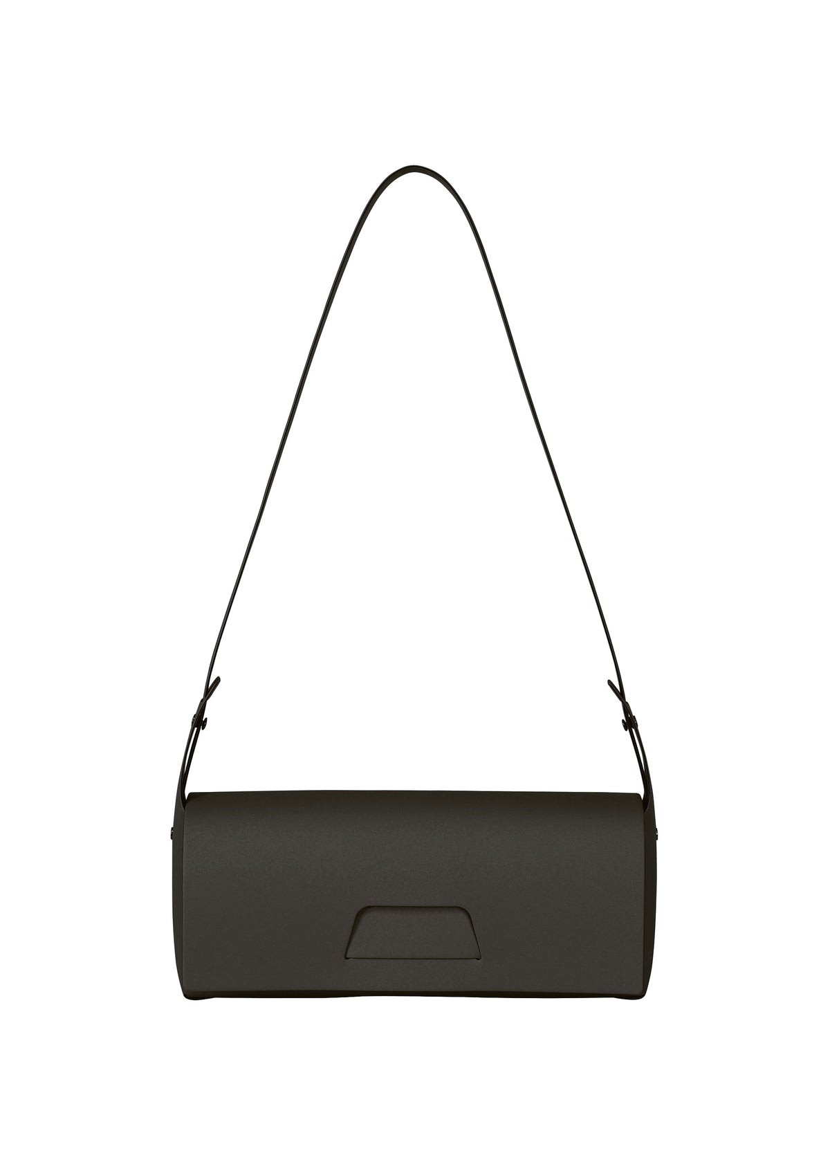 The BOX by GOOD GOODS ISSEY MIYAKE is a minimalist rectangular black convertible shoulder bag with a long, thin strap and subtle front flap detail, showcased against a white background—ideal for lovers of boxy bags. view 1 of 9