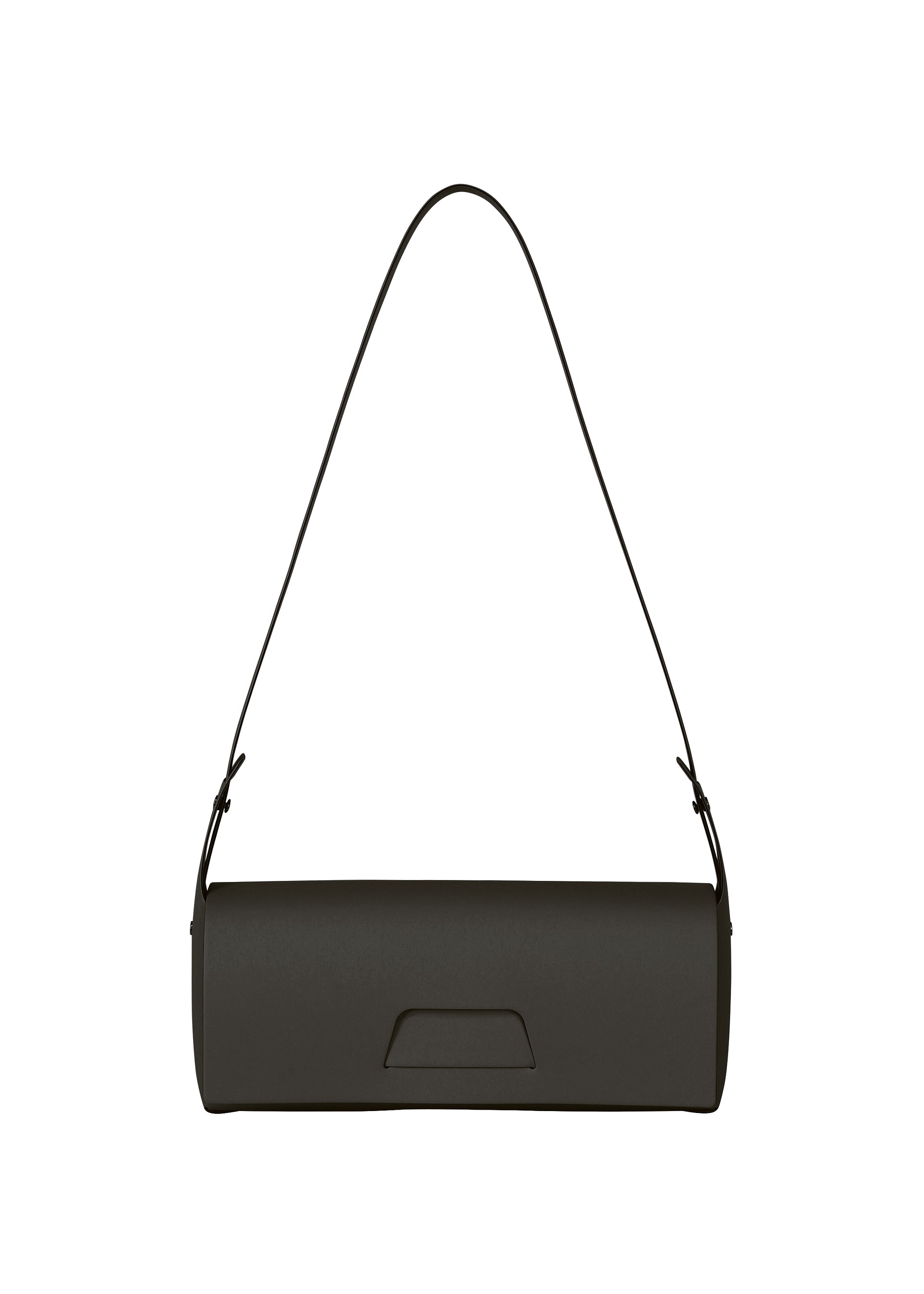 Zoomed view The BOX by GOOD GOODS ISSEY MIYAKE is a minimalist rectangular black convertible shoulder bag with a long, thin strap and subtle front flap detail, showcased against a white background—ideal for lovers of boxy bags. - BLACK (no.15)