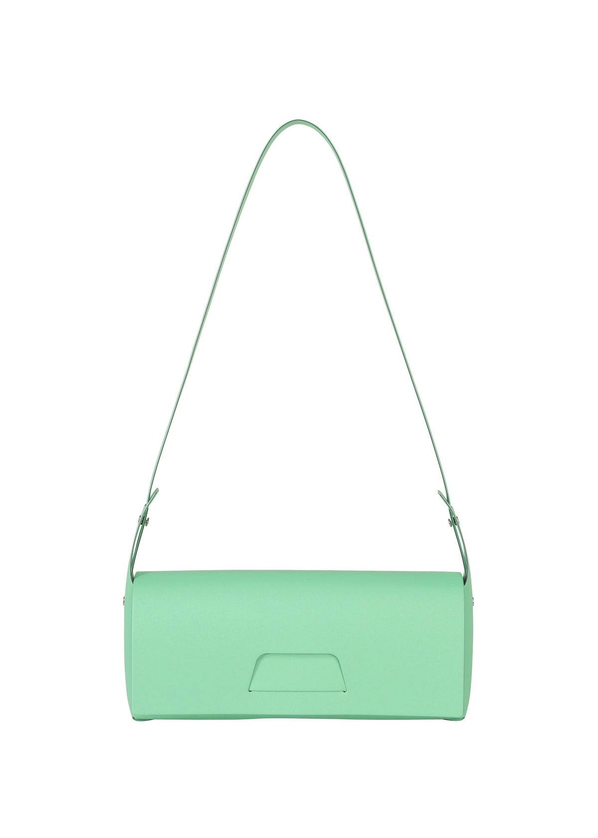 The BOX from GOOD GOODS ISSEY MIYAKE is a light green, rectangular convertible shoulder bag with a long, thin strap and minimalist box-inspired design, shown on a white background. view 1 of 9