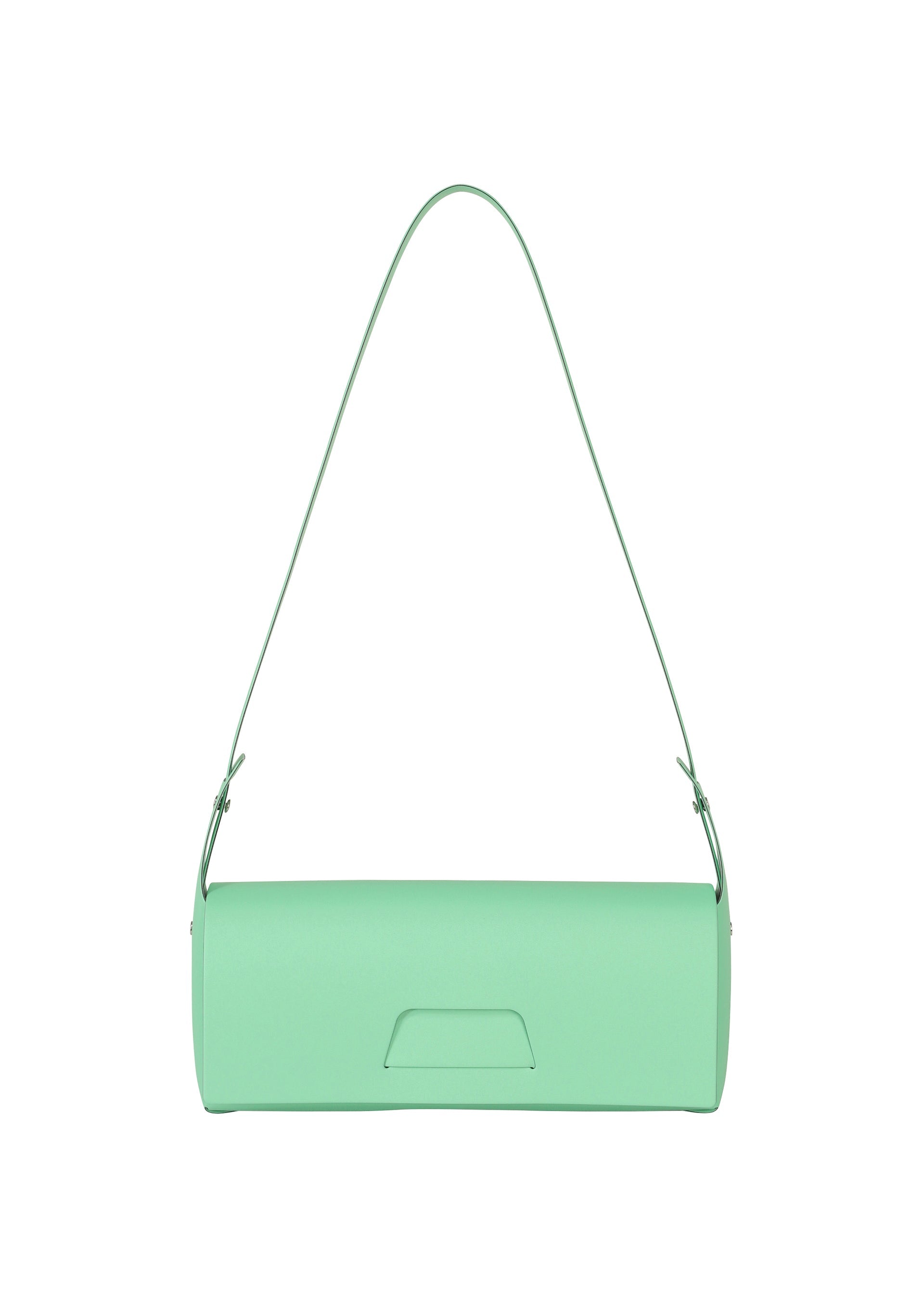 Zoomed view The BOX from GOOD GOODS ISSEY MIYAKE is a light green, rectangular convertible shoulder bag with a long, thin strap and minimalist box-inspired design, shown on a white background. - EMERALD （no.61）
